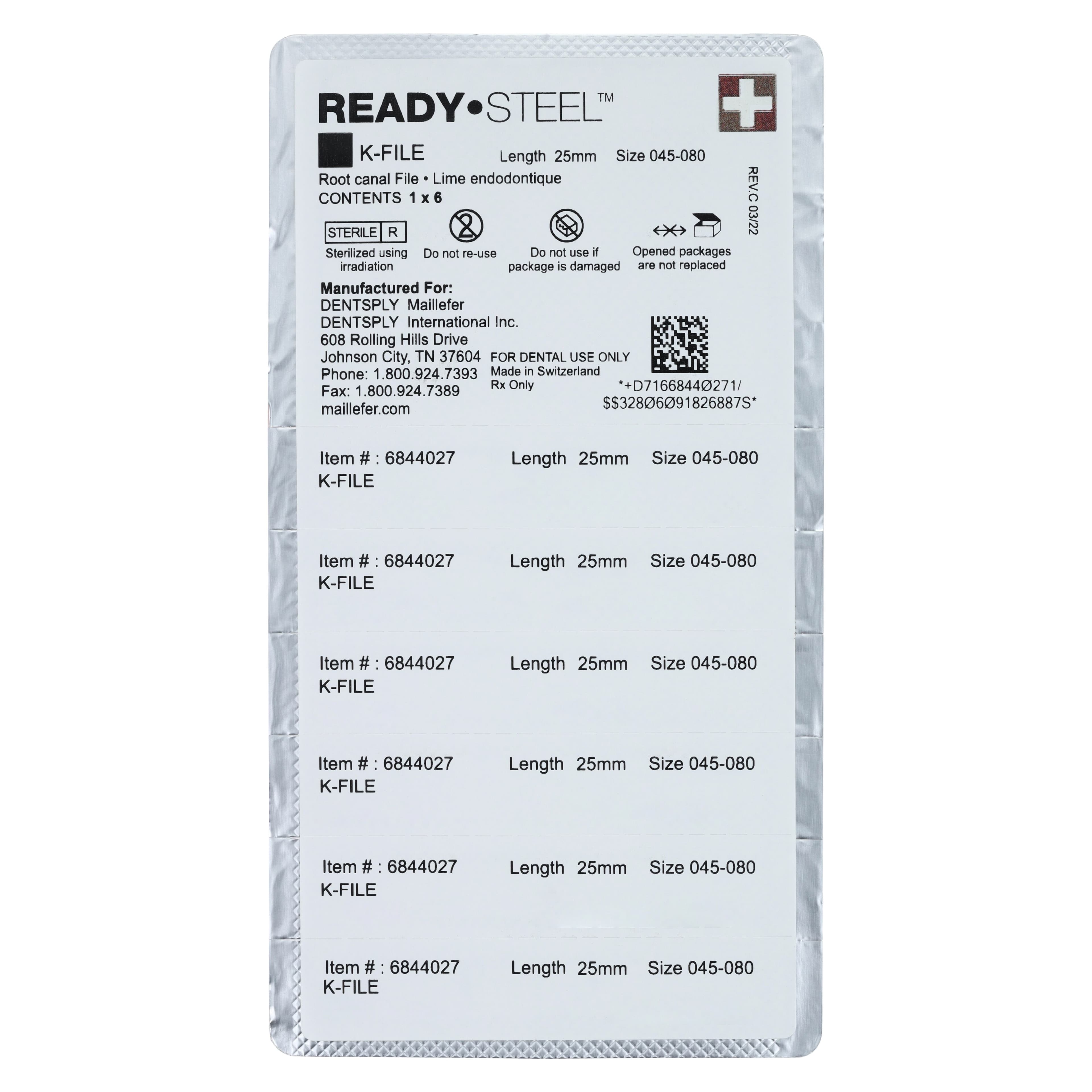 Dentsply Maillefer READYSTEEL K-File, Stainless Steel, Sterile, 25 mm, #45-80 Assorted, 6/Pkg, 6844027 thumbnail 2