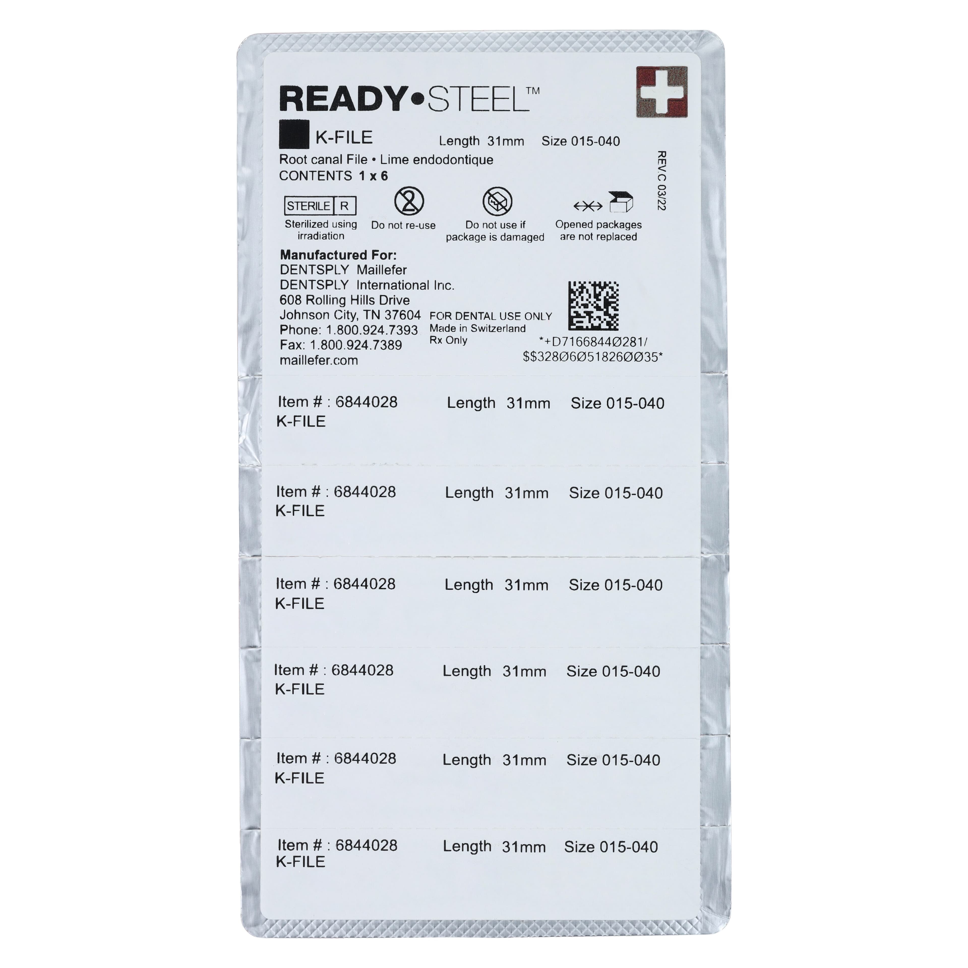 Dentsply Maillefer READYSTEEL K-File, Stainless Steel, Sterile, 31mm, #15-40 Assorted, 6/Pk, 6844028 thumbnail 2