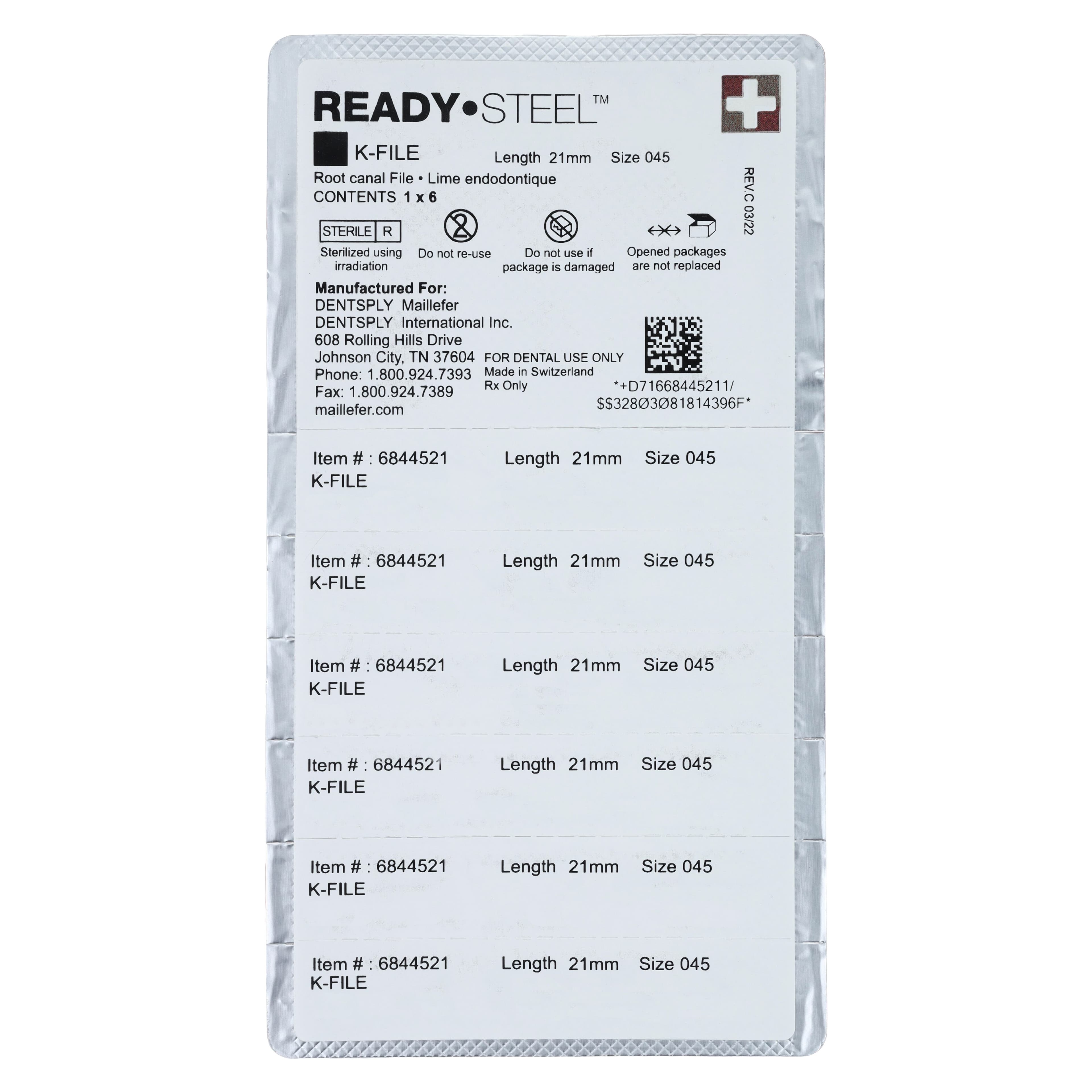 Dentsply Maillefer READYSTEEL K-File, #45 White, 21mm, Sterile, Stainless Steel, 6/Pack, 6844521 thumbnail 2