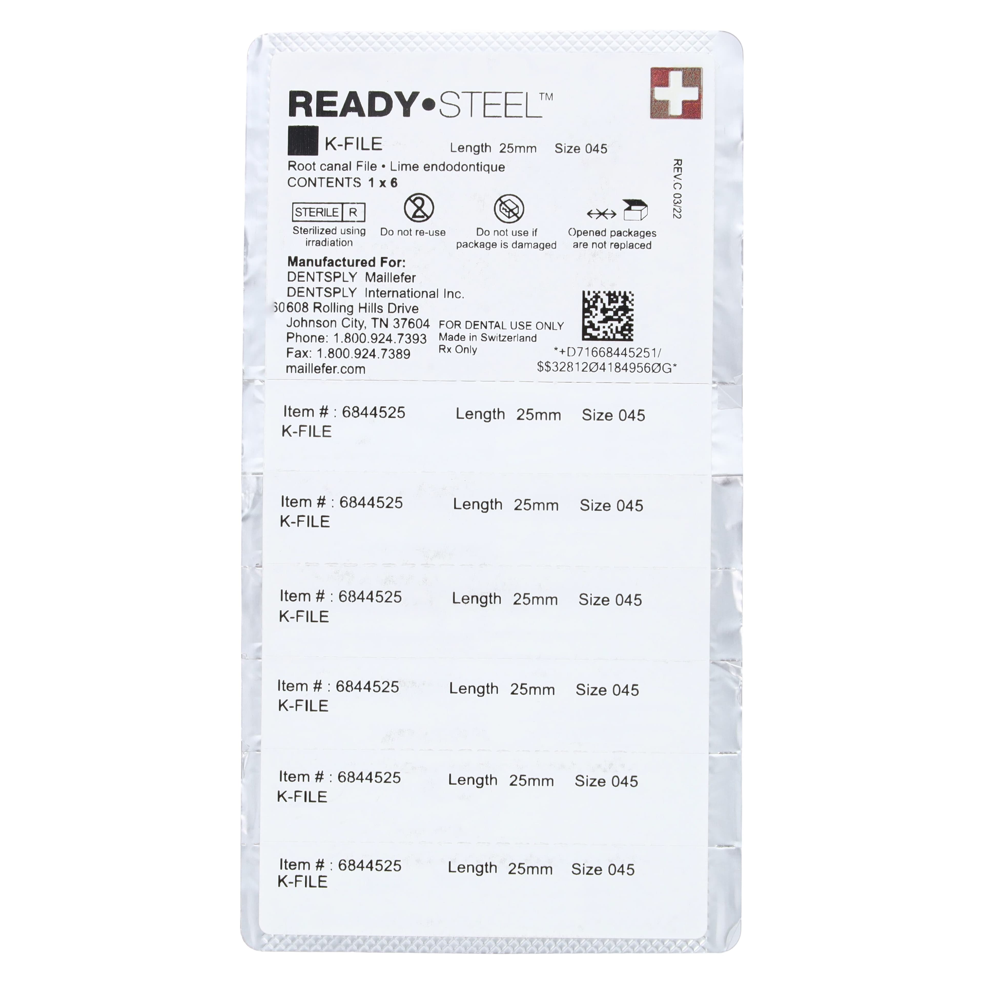 Dentsply Sirona Maillefer READYSTEEL K-File, #45 (White), 25mm, Sterile, 6/Pack, 6844525 thumbnail 2