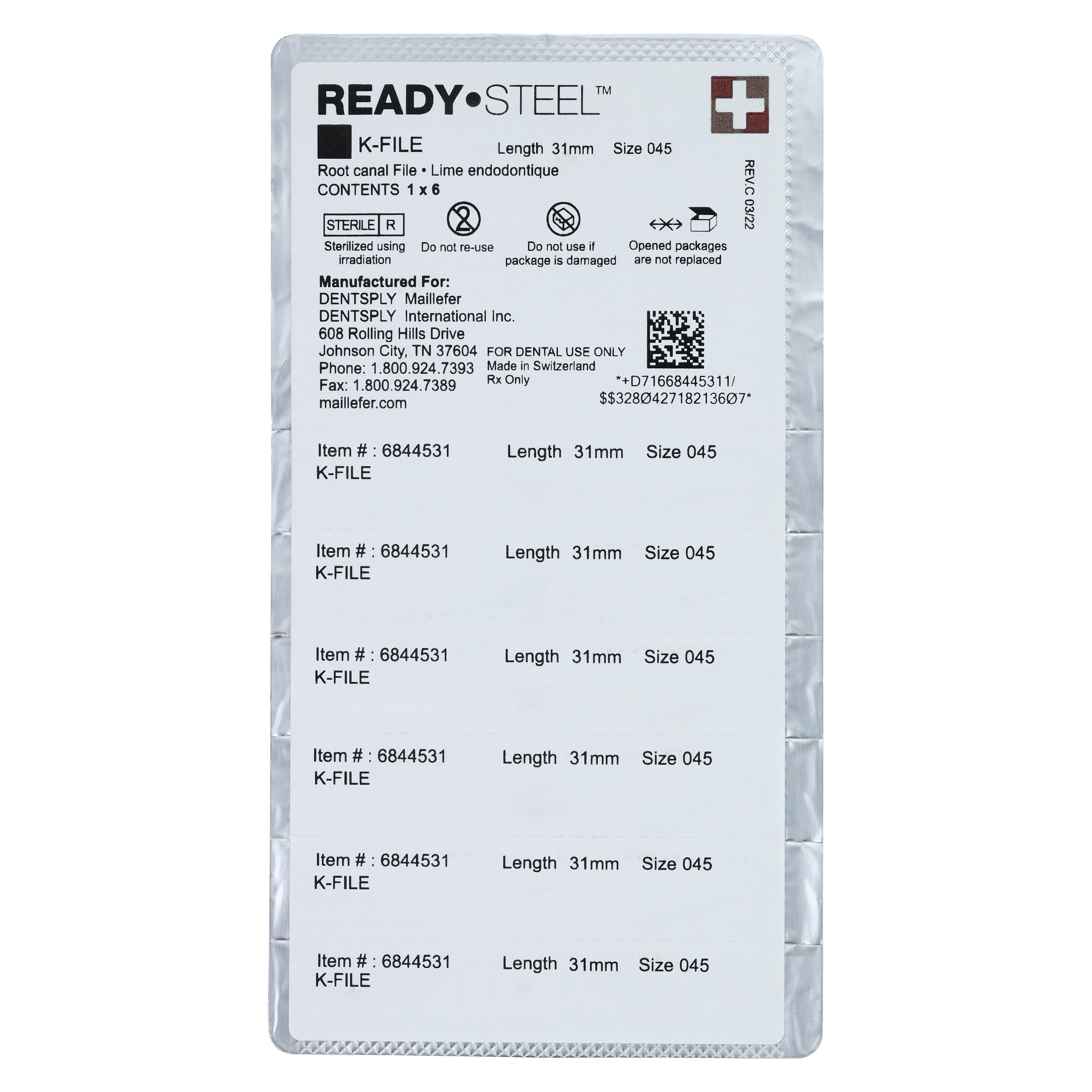 Dentsply Maillefer READYSTEEL K-File, #45, 31mm, White, Sterile, 6/Pack, 6844531 thumbnail 2