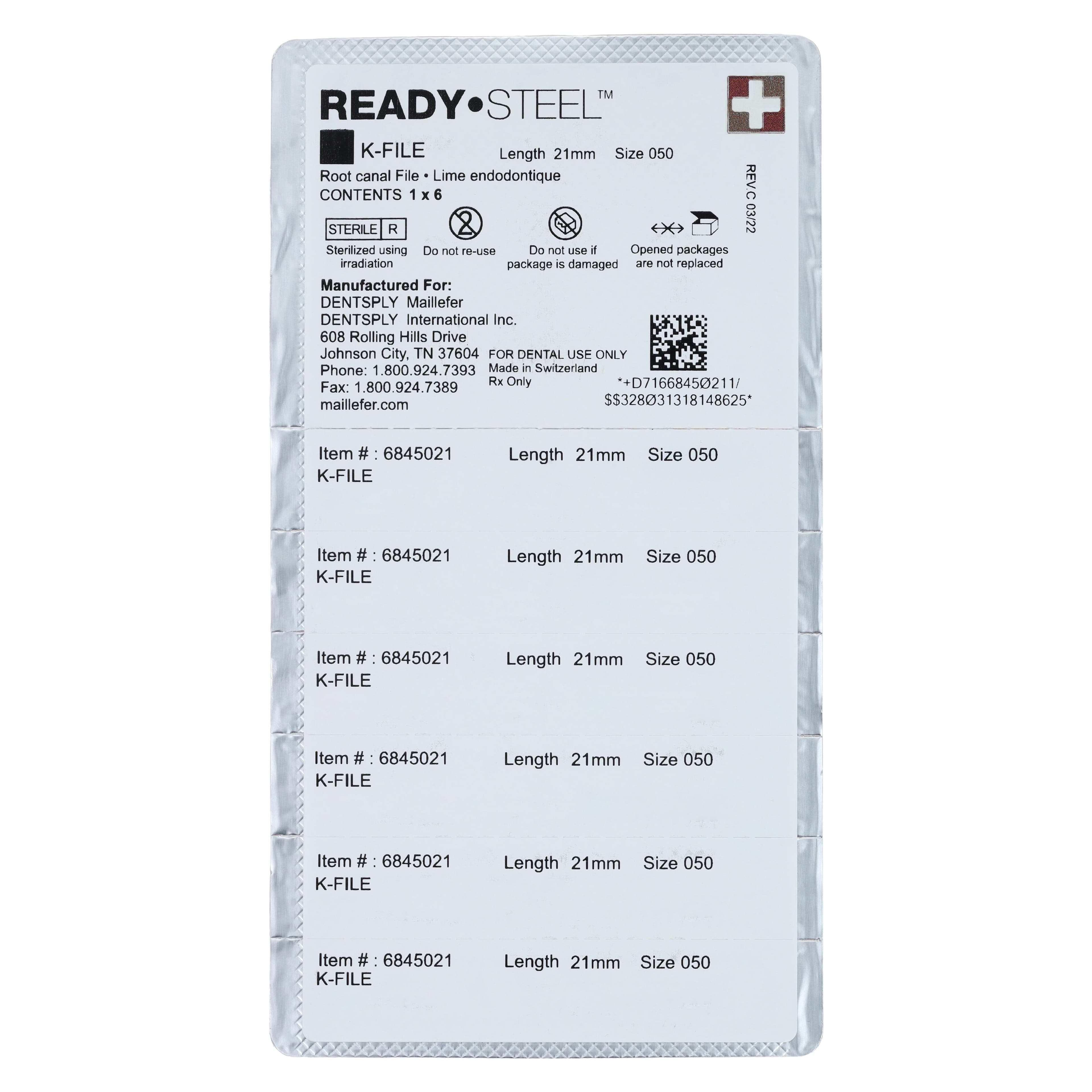Dentsply Maillefer READYSTEEL K-File, Size #50, 21mm, Yellow, Sterile, 6/Pack, 6845021 thumbnail 2