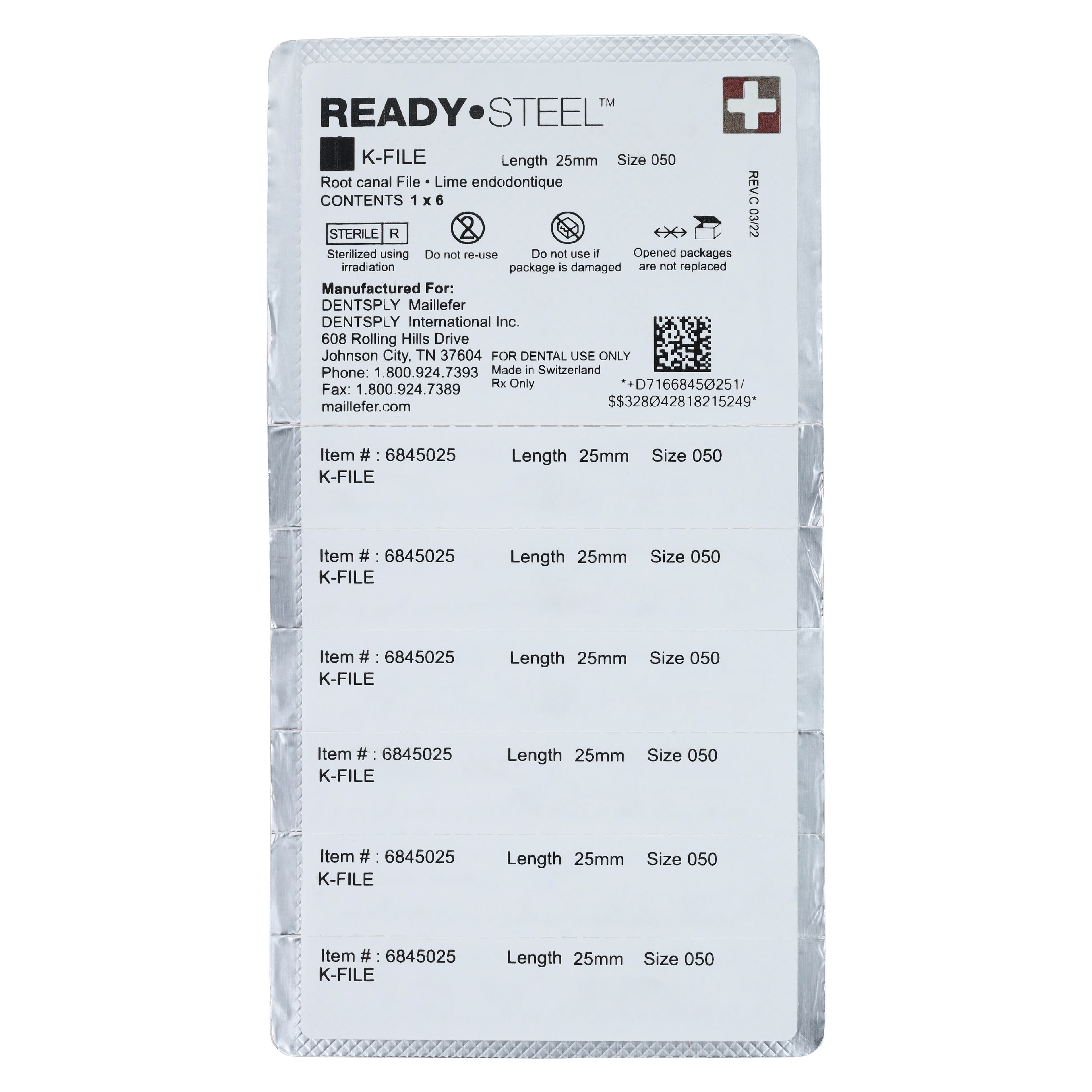 Dentsply Sirona Maillefer READYSTEEL K-File, Size #50, 25mm, Yellow, Sterile, 6/Pack, 6845025 thumbnail 2