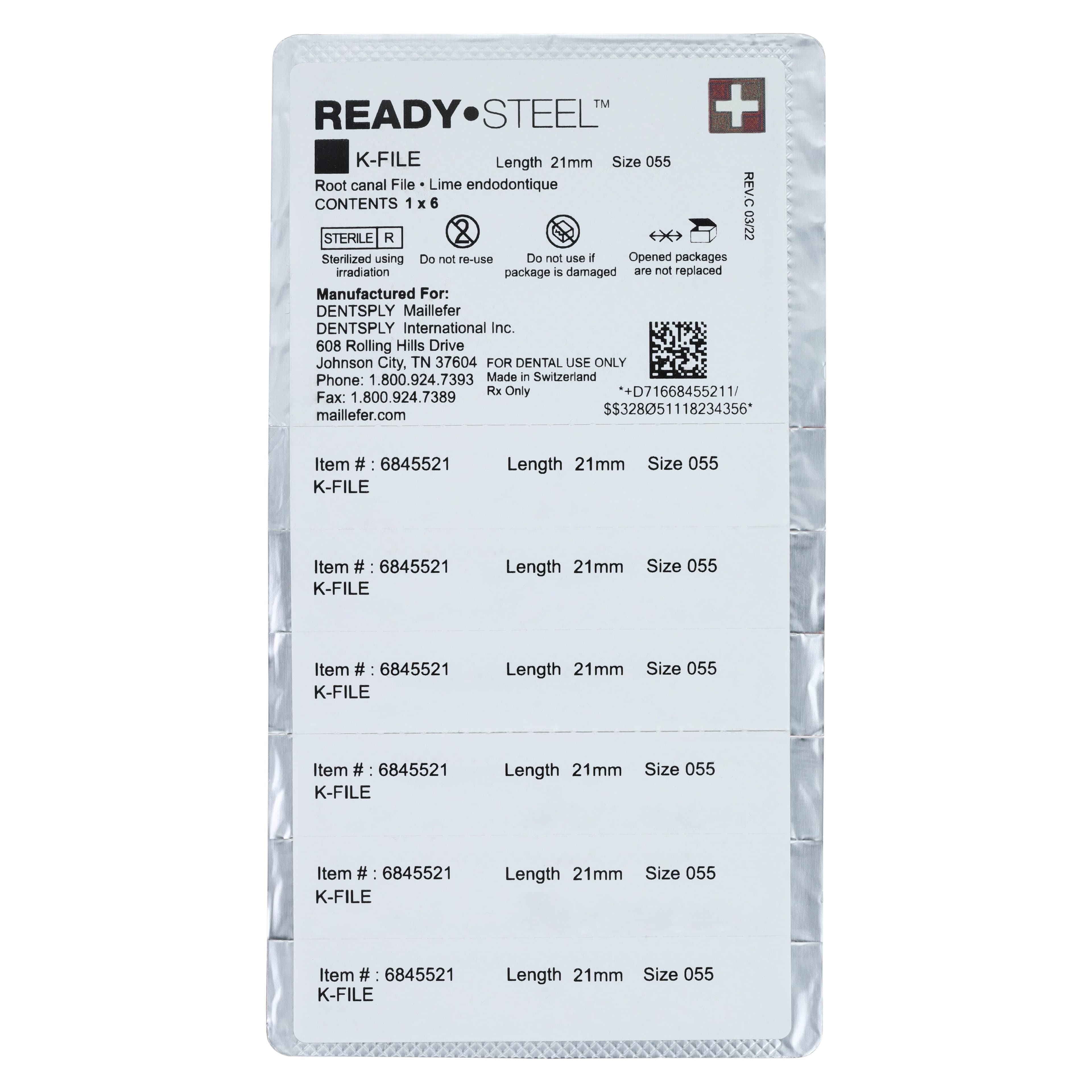 Dentsply Maillefer READYSTEEL K-File, Size #55, 21mm, Red, Sterile, Stainless Steel, 6/Pack (6845521) thumbnail 2