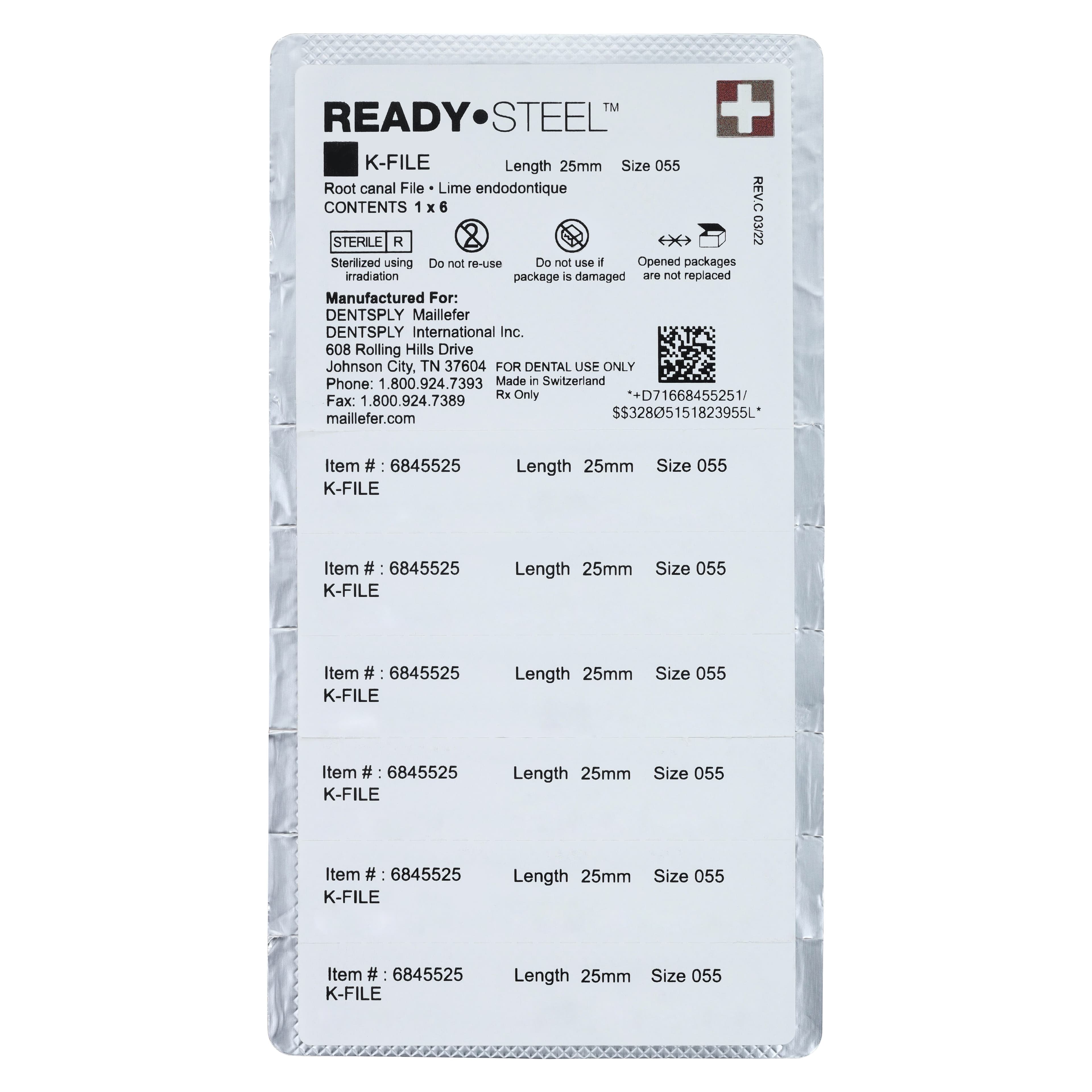 Dentsply Maillefer READYSTEEL K-File, #55, 25mm, Red, Sterile, 6/Pack, 6845525 thumbnail 2