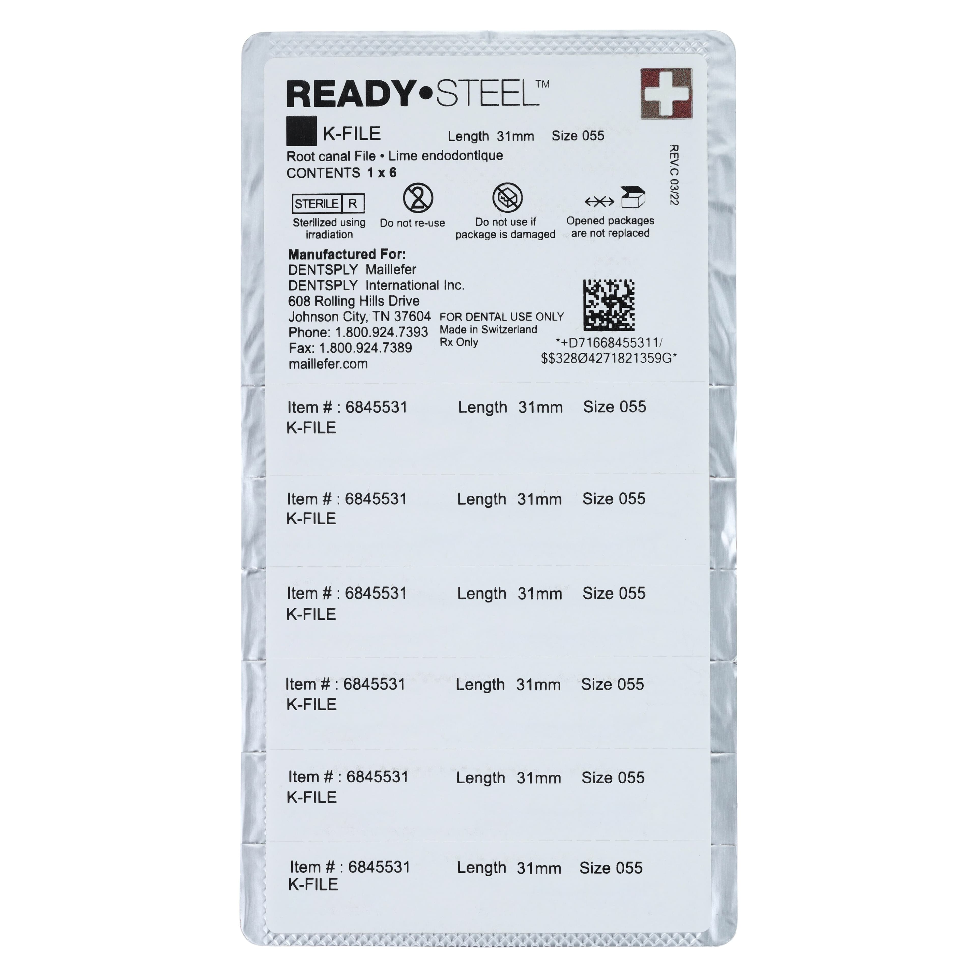 Dentsply Maillefer READYSTEEL K-File, Size #55, 31mm, Red, Sterile, 6/Pack, 6845531 thumbnail 2
