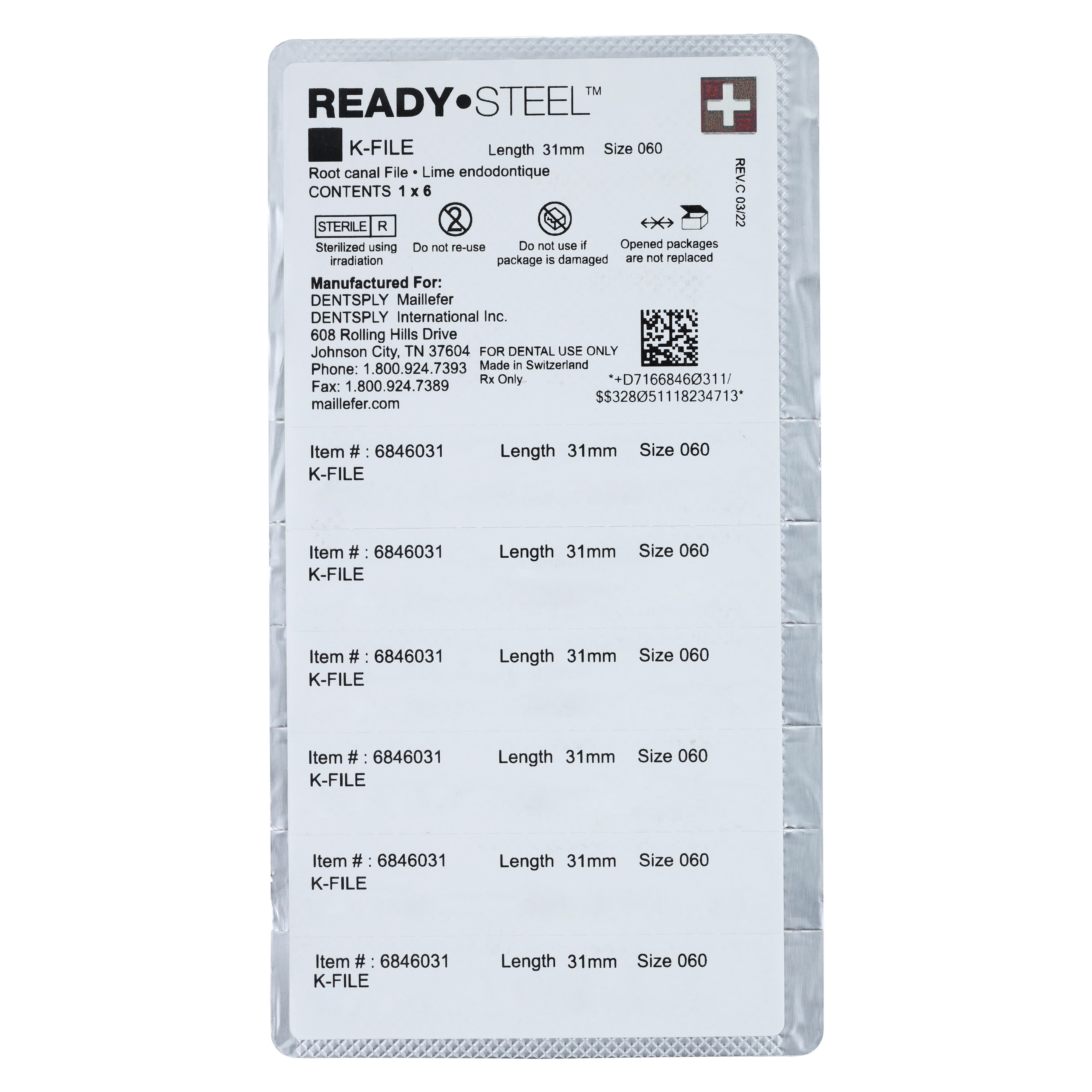 Dentsply Maillefer READYSTEEL K-File, Size #60, Blue, 31mm, Sterile, 6/Pack, 6846031 thumbnail 2