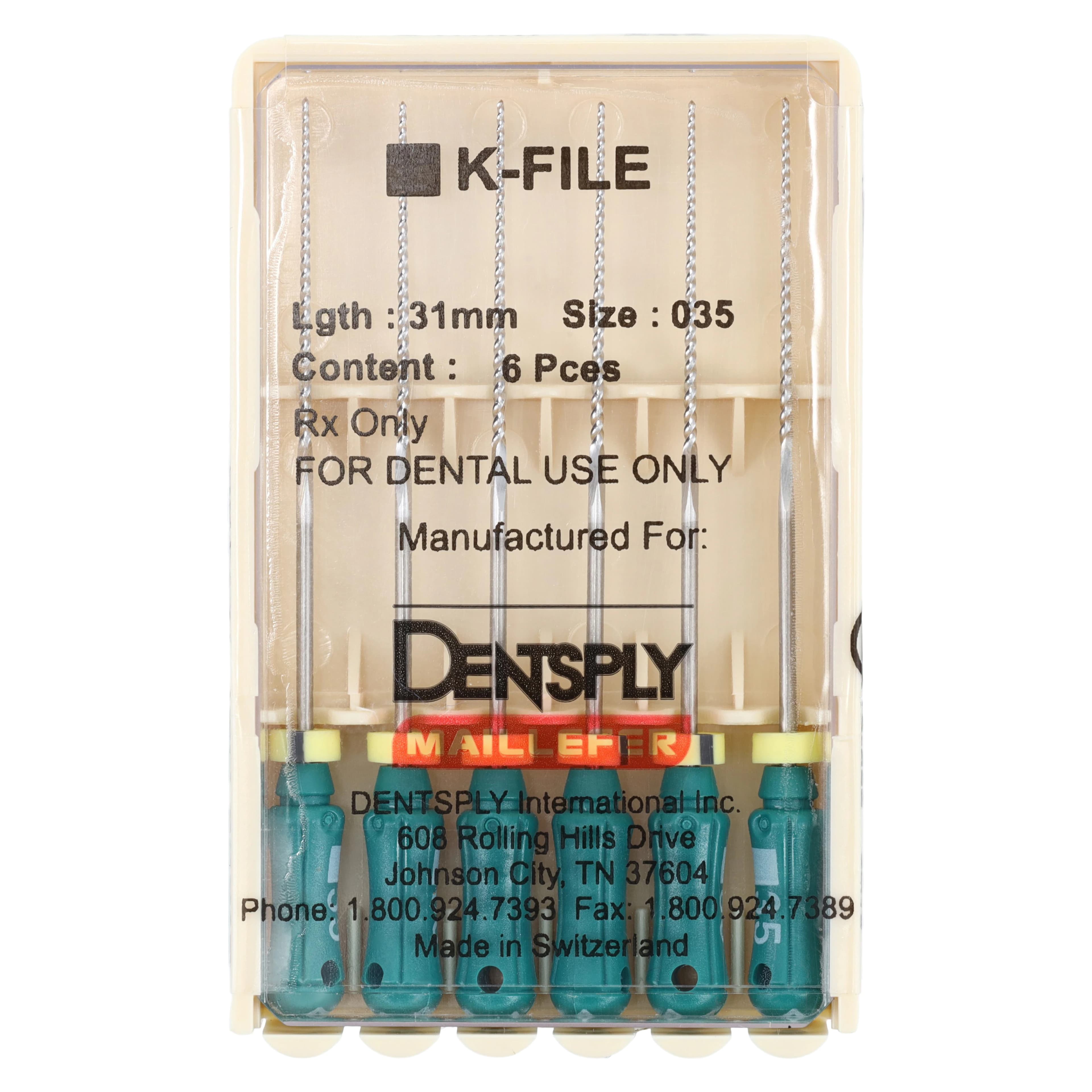 Dentsply Maillefer K-File #35 (Green), 31mm, Stainless Steel, Pack of 6, Ref 671166 - #35 Green Maillefer K-File 31mm Pack of 6 - Image 1