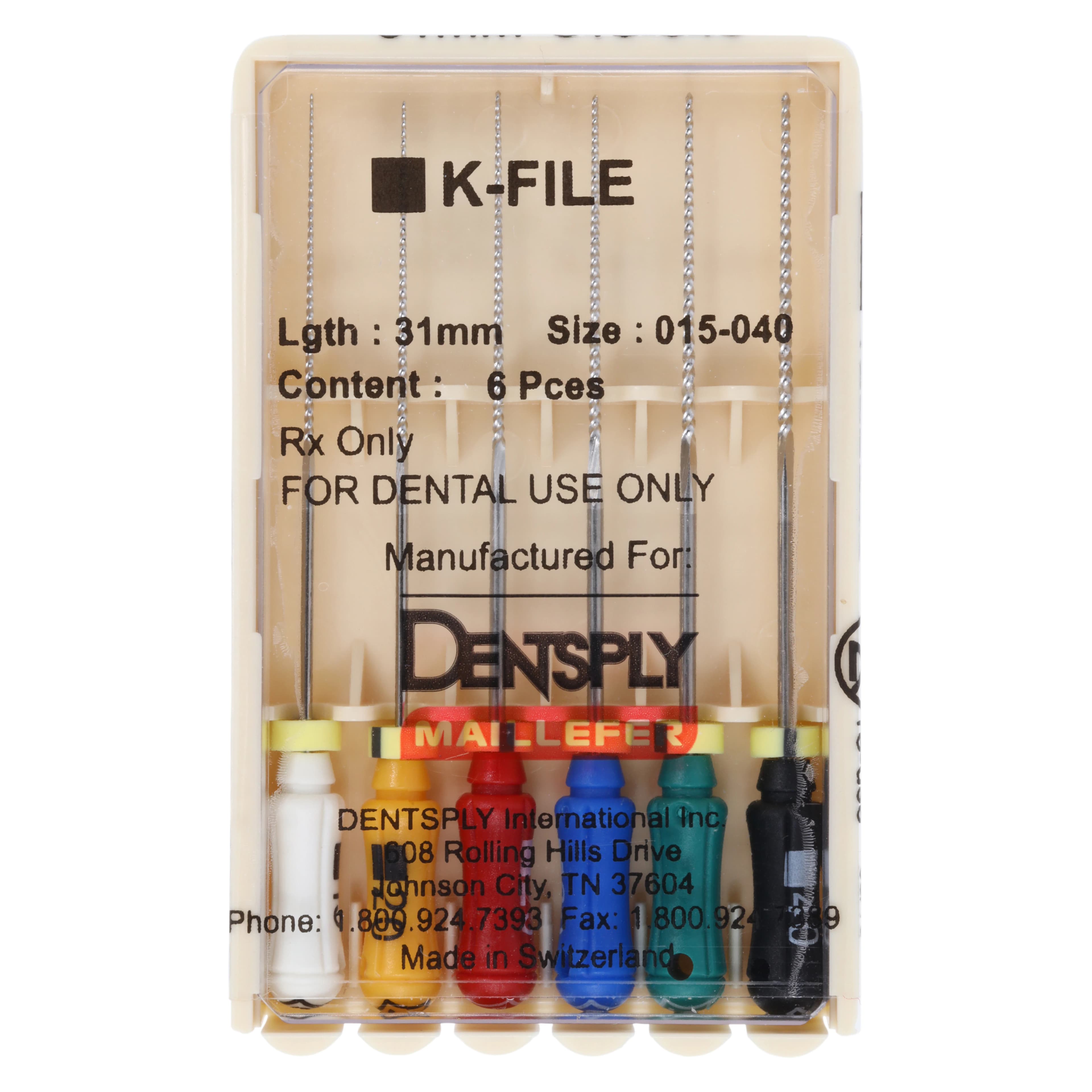 K-Files 31mm, Size 15-40, Stainless Steel, Color Coded, Assorted, Plastic Handle, 6/Pk - K-Files 31mm - Image 1