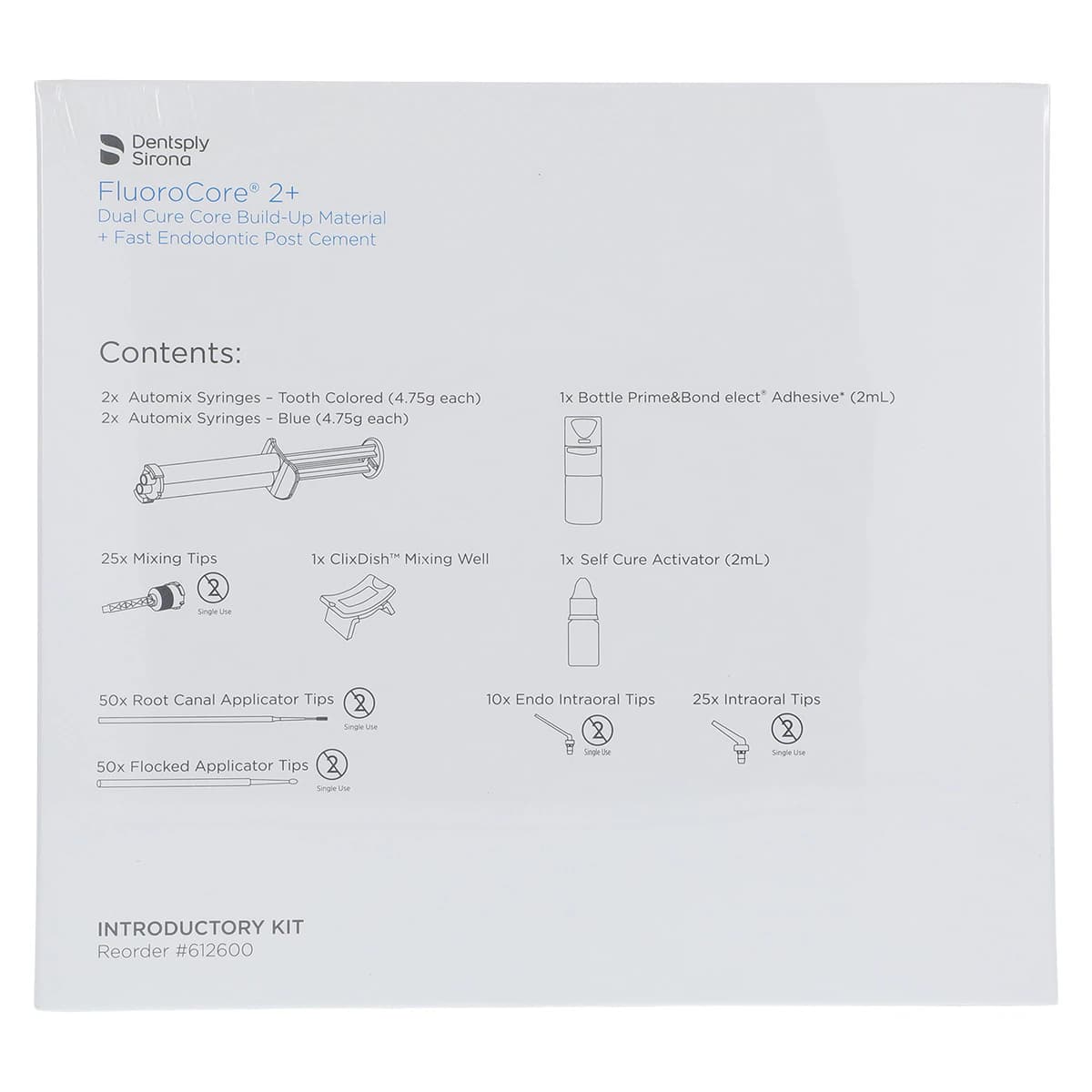 FluoroCore 2+ Dual Cure Core Build-Up Intro Kit with Prime&Bond Elect Adhesive, 4 Syringes (2 Tooth-Colored, 2 Blue), 612600 - Dentsply - Fluorocore 2+ Intro Kit - Image 1