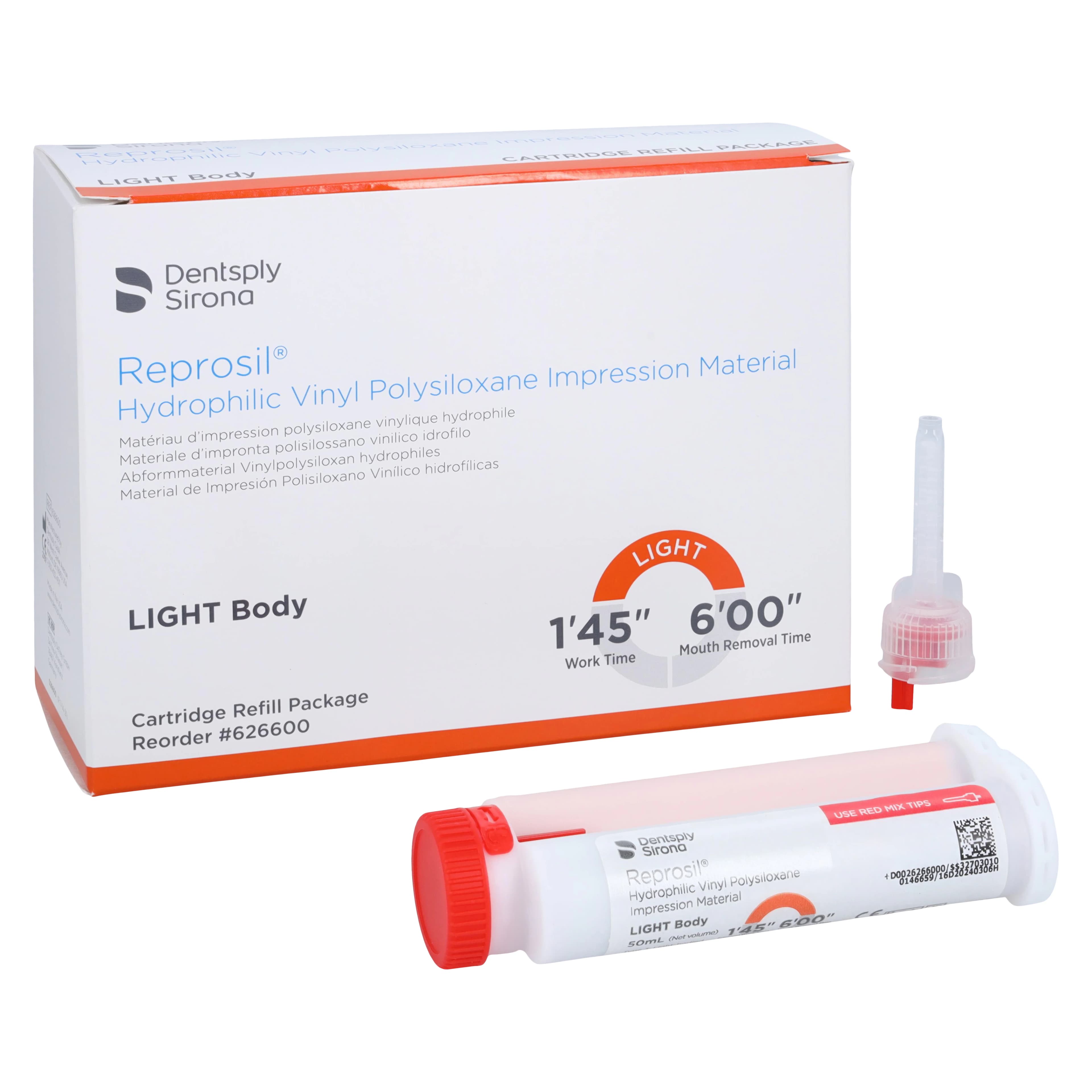 Reprosil Hydrophilic VPS Impression Material, Light Body, Orange, 50 ml Cartridge Refill with Tips, 4/Pk, 626600 thumbnail 2