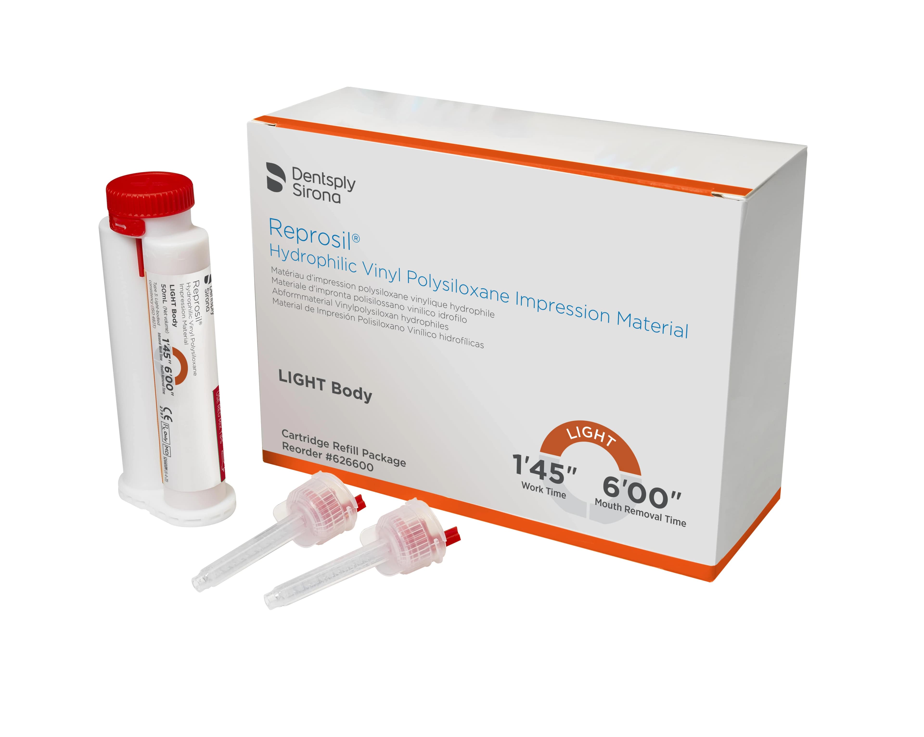 Reprosil Hydrophilic VPS Impression Material, Light Body, Orange, 50 ml Cartridge Refill with Tips, 4/Pk, 626600 - Caulk Reprosil VPS Impression Material Cartridges - Image 1