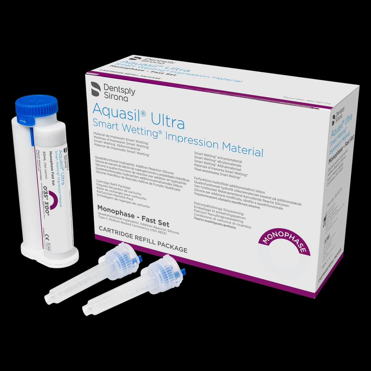 Aquasil Ultra Smart Wetting Impression Material, Monophase, Fast Set, 50 ml Cartridges, Mint, Purple, 4/Pk, 678774 - Aquasil Ultra Smart Wetting Impression Material, Cartridge Pack, Monophase, Fast Set, 50 ml, Mint, Purple, 4/Pk, 678774 - Image 1