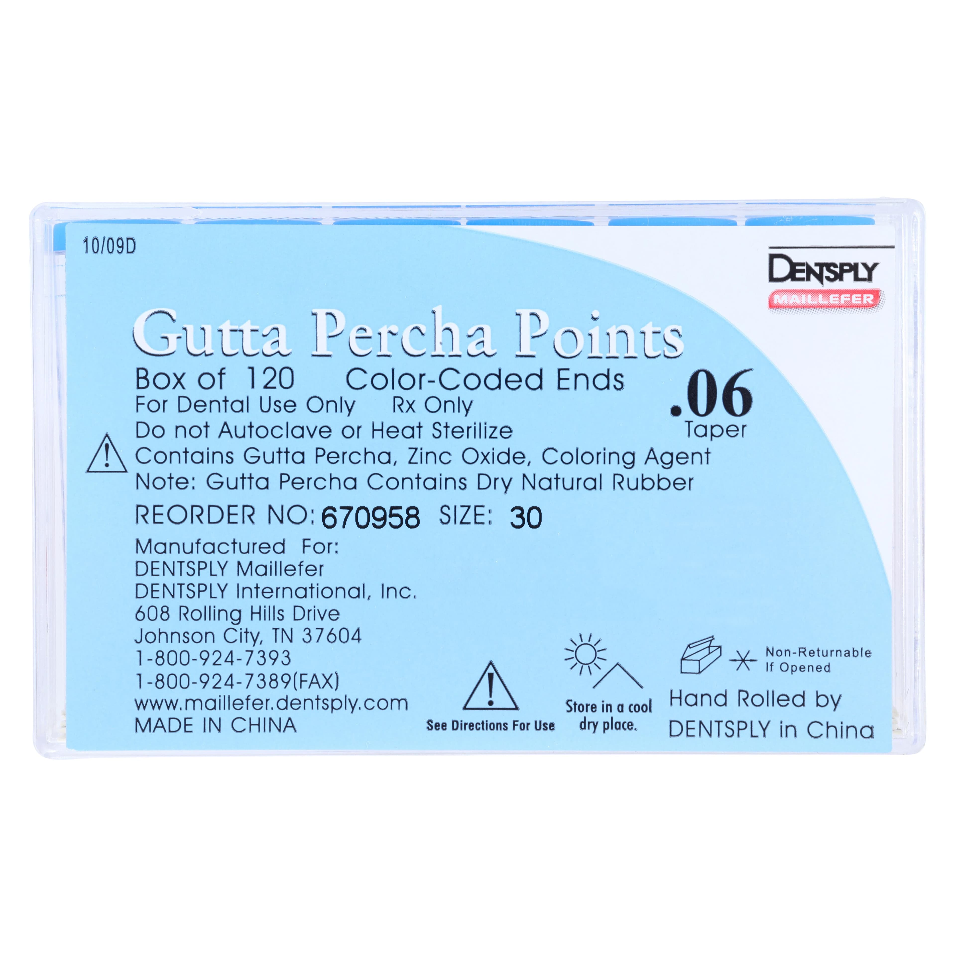 Dentsply Gutta Percha Tapered Points, Size -30, .06 Taper, Color Coded Blue, 120/Box (6 Vials x 20 Points) thumbnail 4