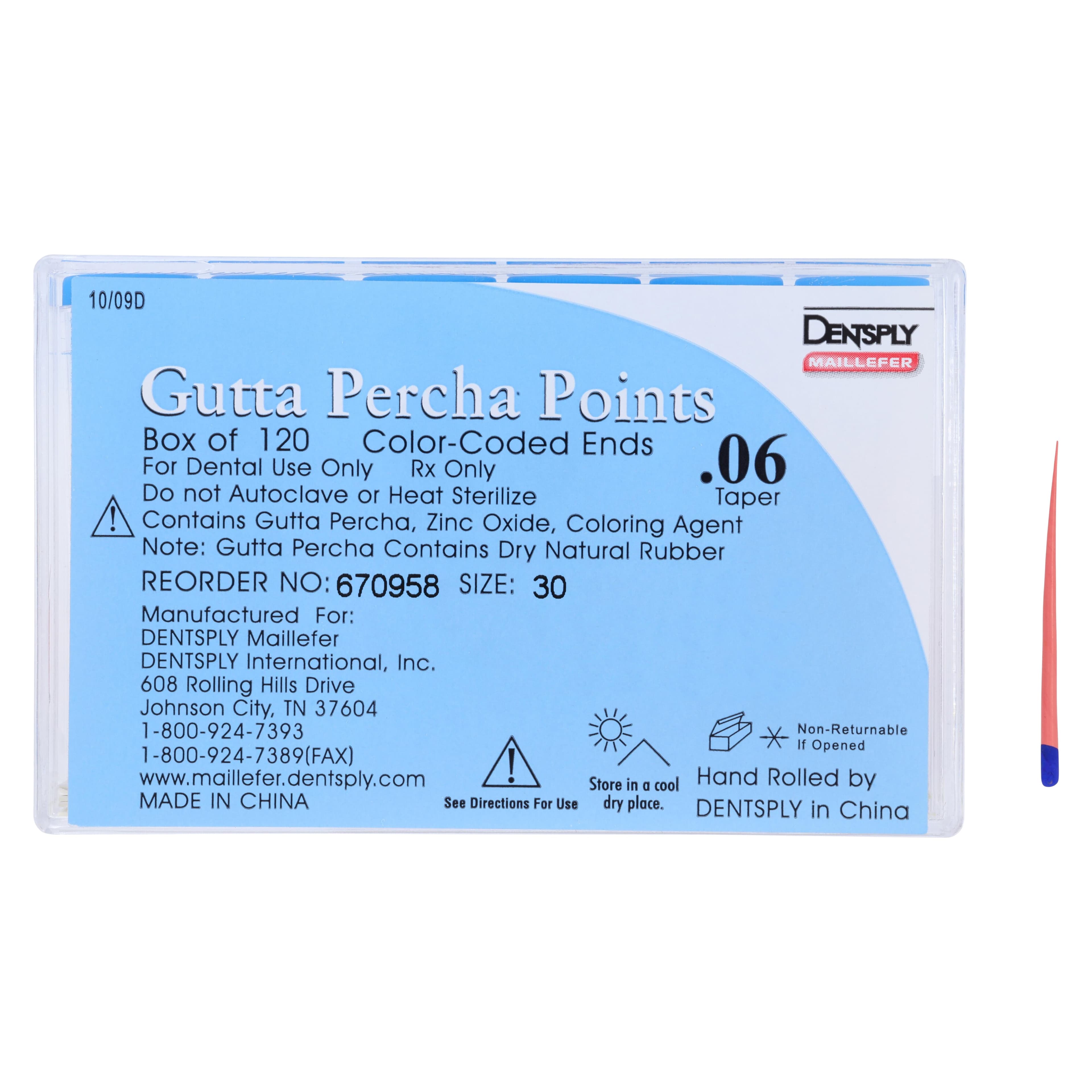 Dentsply Gutta Percha Tapered Points, Size -30, .06 Taper, Color Coded Blue, 120/Box (6 Vials x 20 Points) thumbnail 3