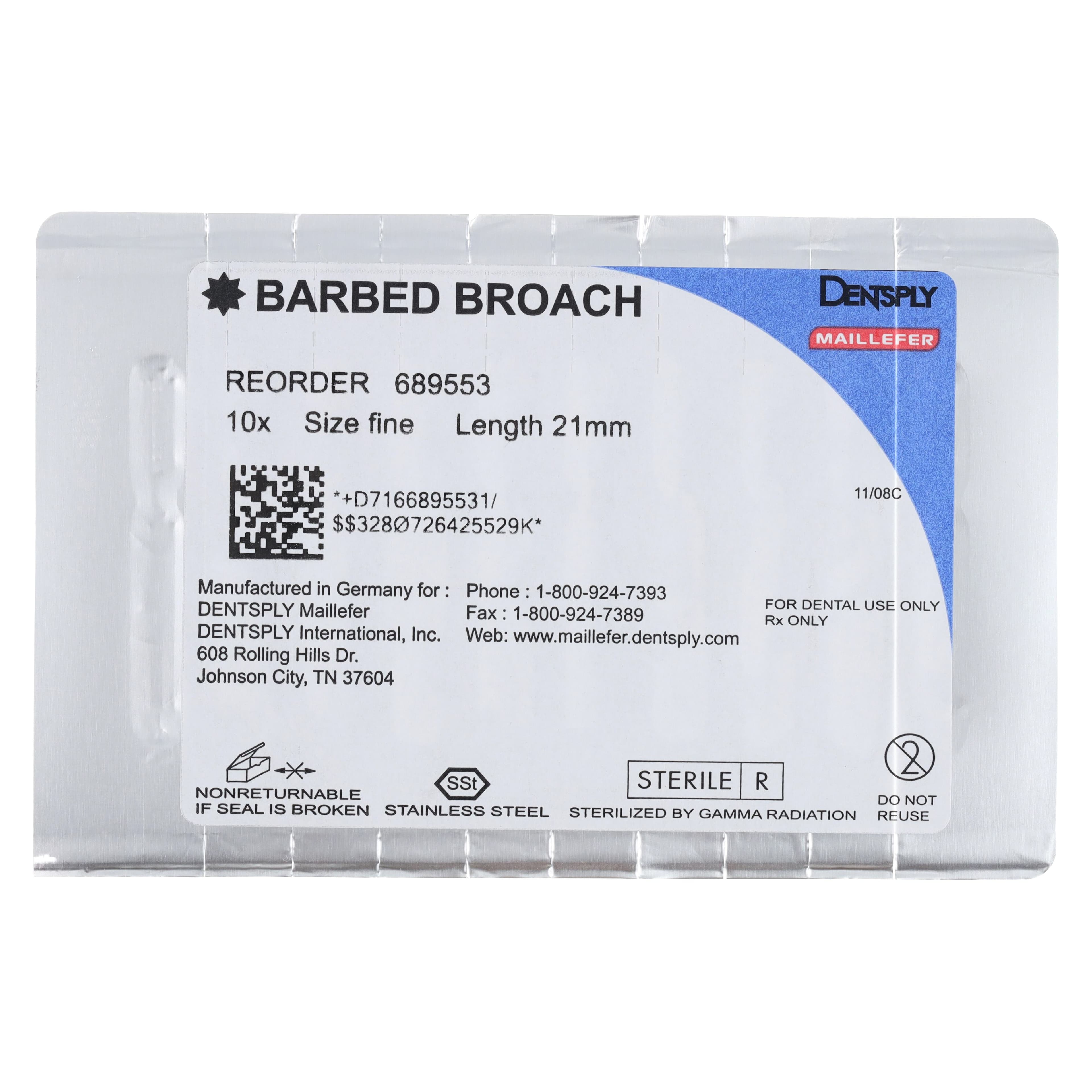 Dentsply Maillefer Barbed Broaches, Fine, Blue, 21mm, 10/Pk, 689553 thumbnail 2