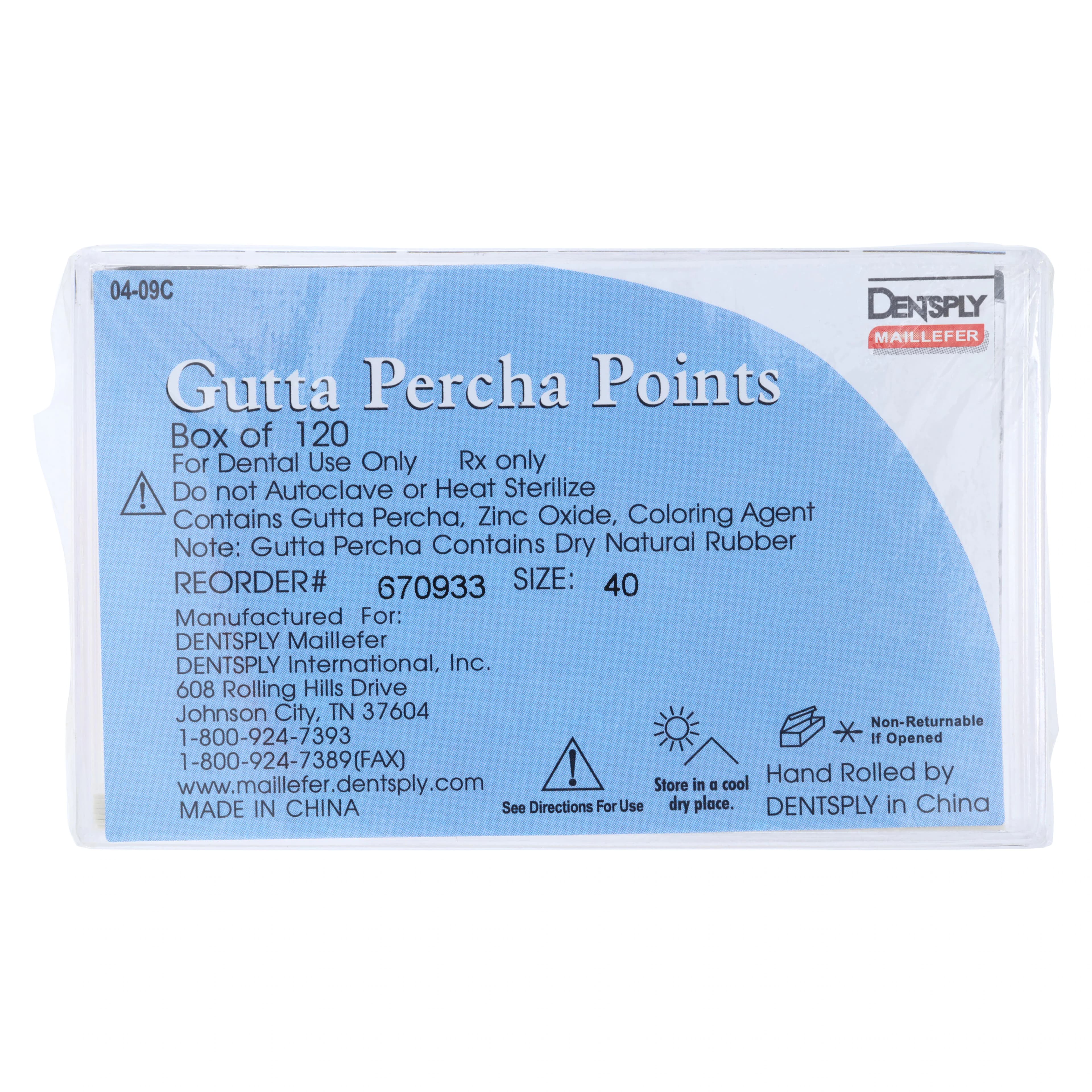 Dentsply Maillefer Gutta Percha Points, ISO #40, 0.02 Taper, Hand Rolled, Non-Colored, 30mm, 120 Points (6 Vials of 20), Ref 670933 - Maillefer Non Colored Gutta Percha Points - Image 1