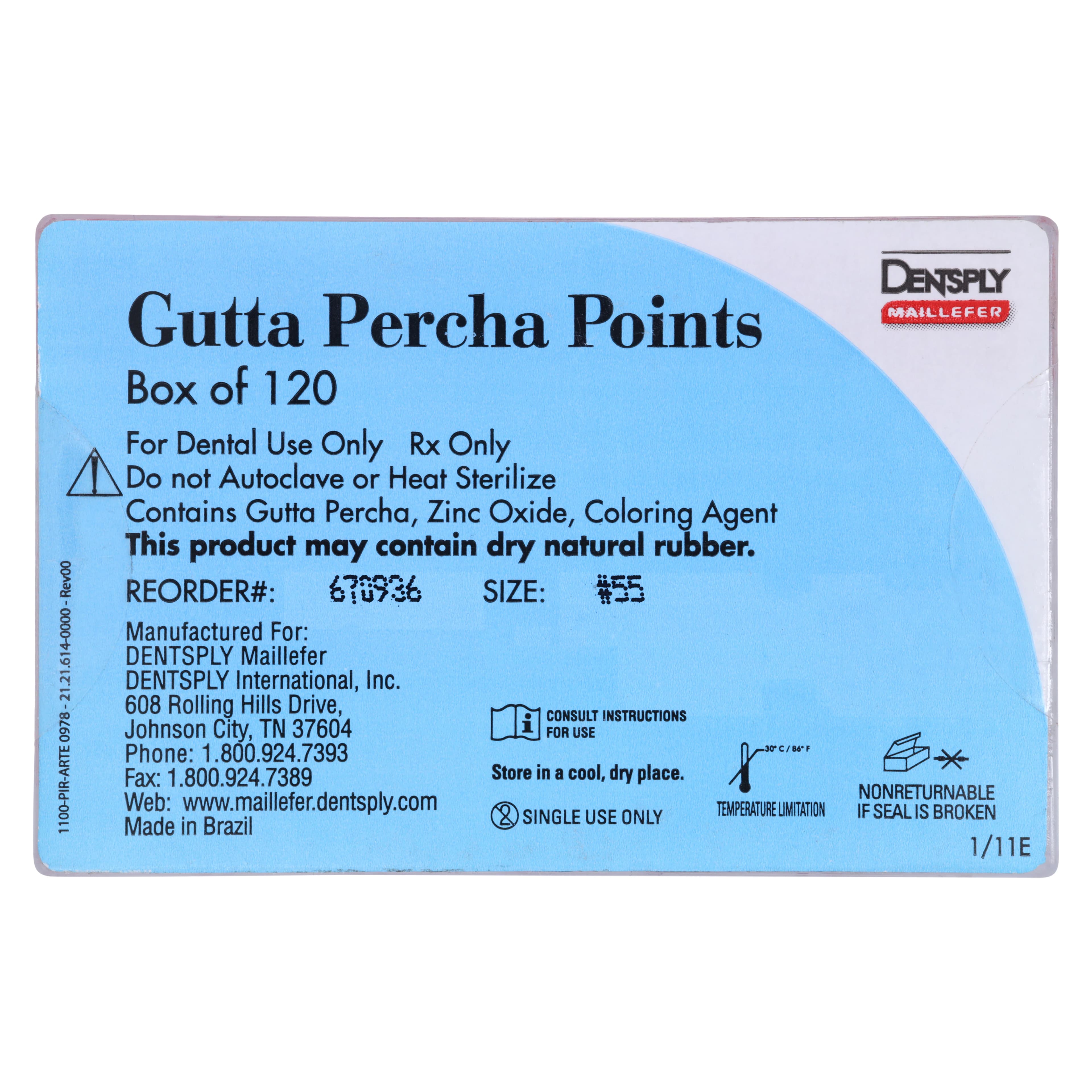 Dentsply Maillefer Gutta-Percha Points, 0.02 Taper, ISO #55, Red, 30mm, 120/Bx (6 Vials of 20), 670936 - Gutta-Percha Points - 0.02 Taper - #55 - Image 1