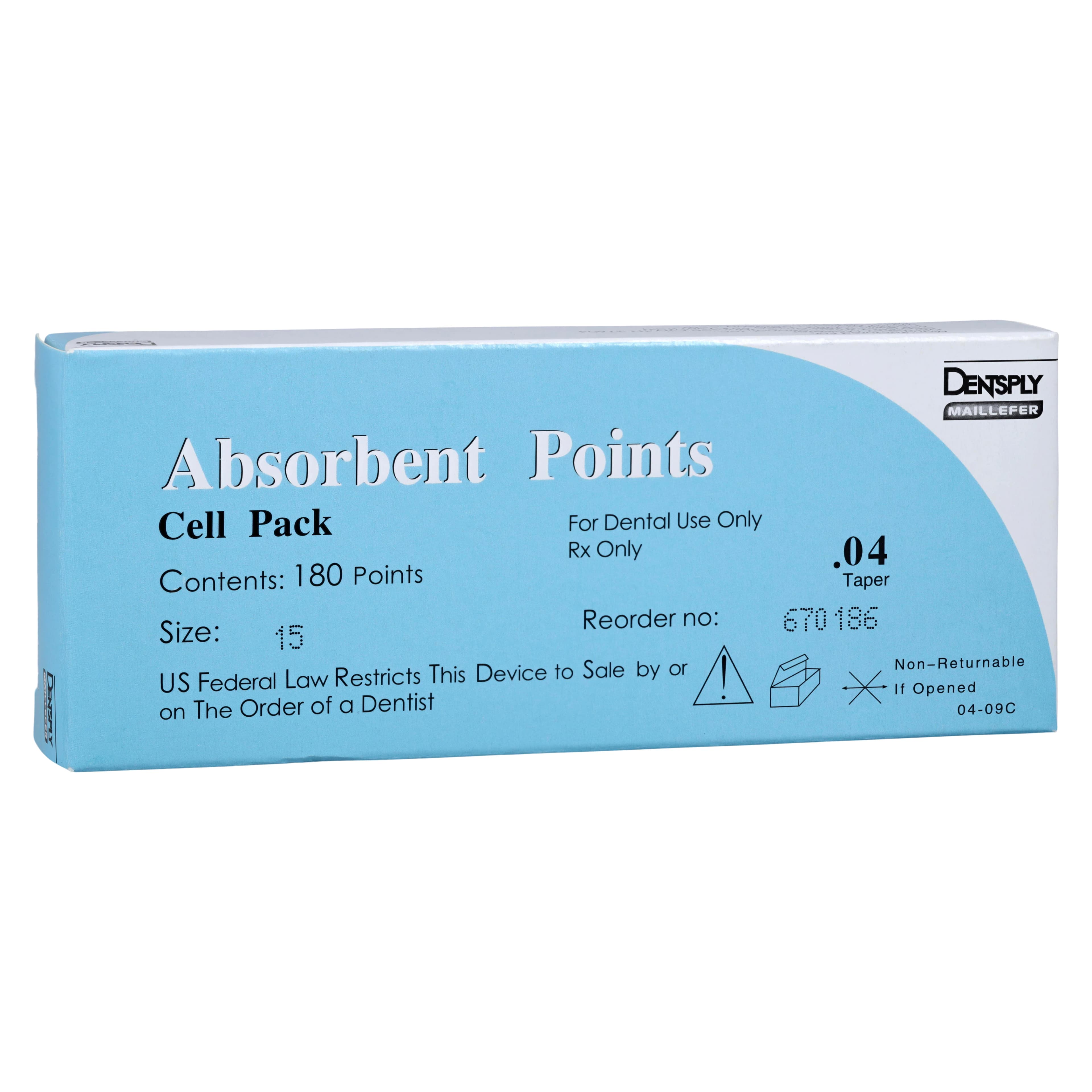Dentsply Maillefer Absorbent Paper Points, Sterile, .04 Taper, ISO #15 (White), 180/Pack, 670186 - Paper Points Sterile 180/PK .04 #15 - Image 1