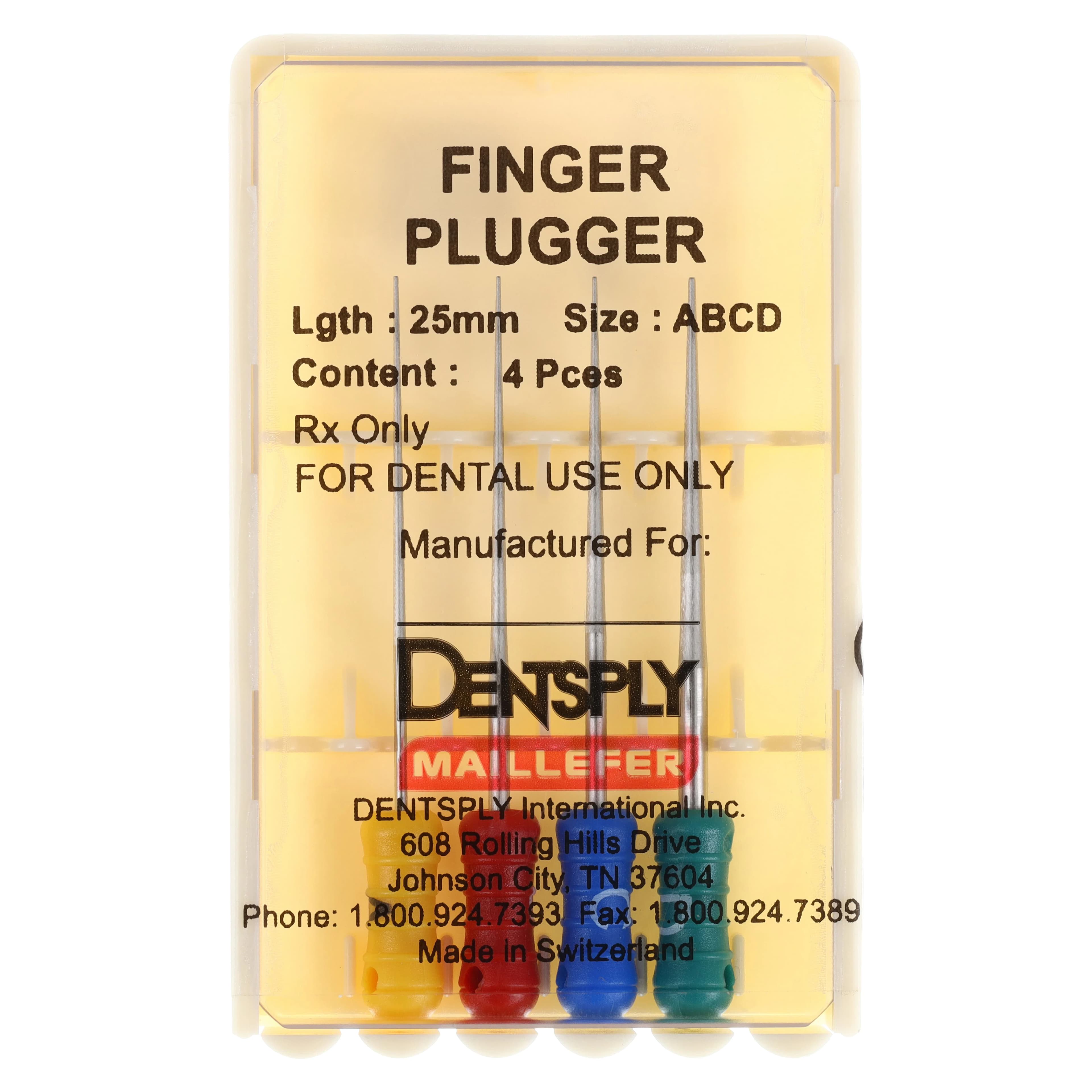 Dentsply Maillefer Finger Pluggers, Assorted Sizes 20 A-35 D, Plastic Handle, 25 mm, 4/Pkg, #671714 - Assorted Finger Plugger Plastic Handle 25mm Pack of 4 - Image 1