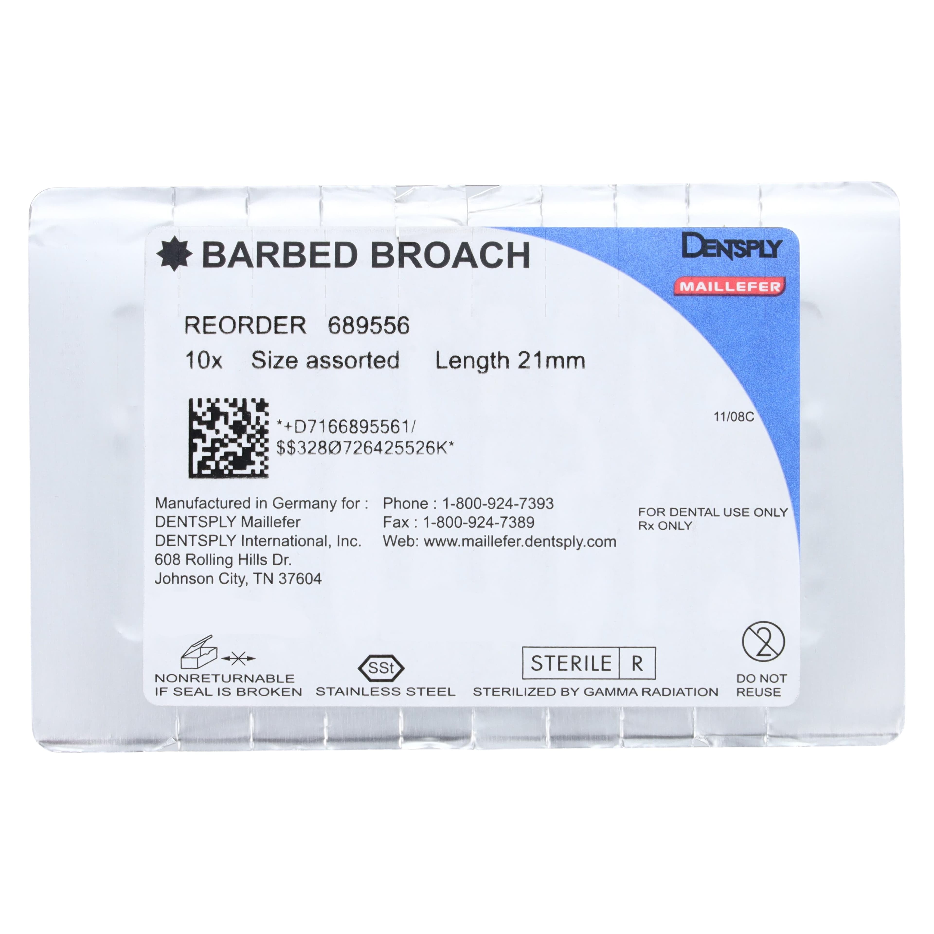 Dentsply Maillefer Barbed Broaches, Assorted Sizes, 21 mm, Sterile, 10/Pk, 689556 thumbnail 2