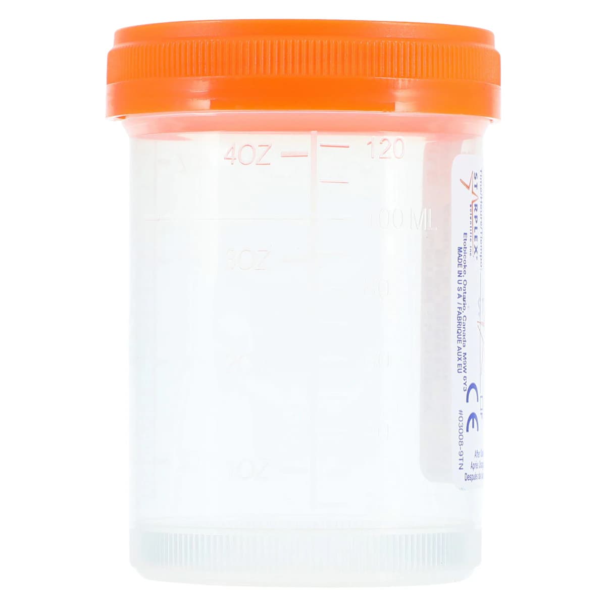 Leakbuster Specimen Container, 120mL, Polypropylene, Sterile, Graduated, Wide Mouth, Orange O-Ring Cap, 300/Case thumbnail 2