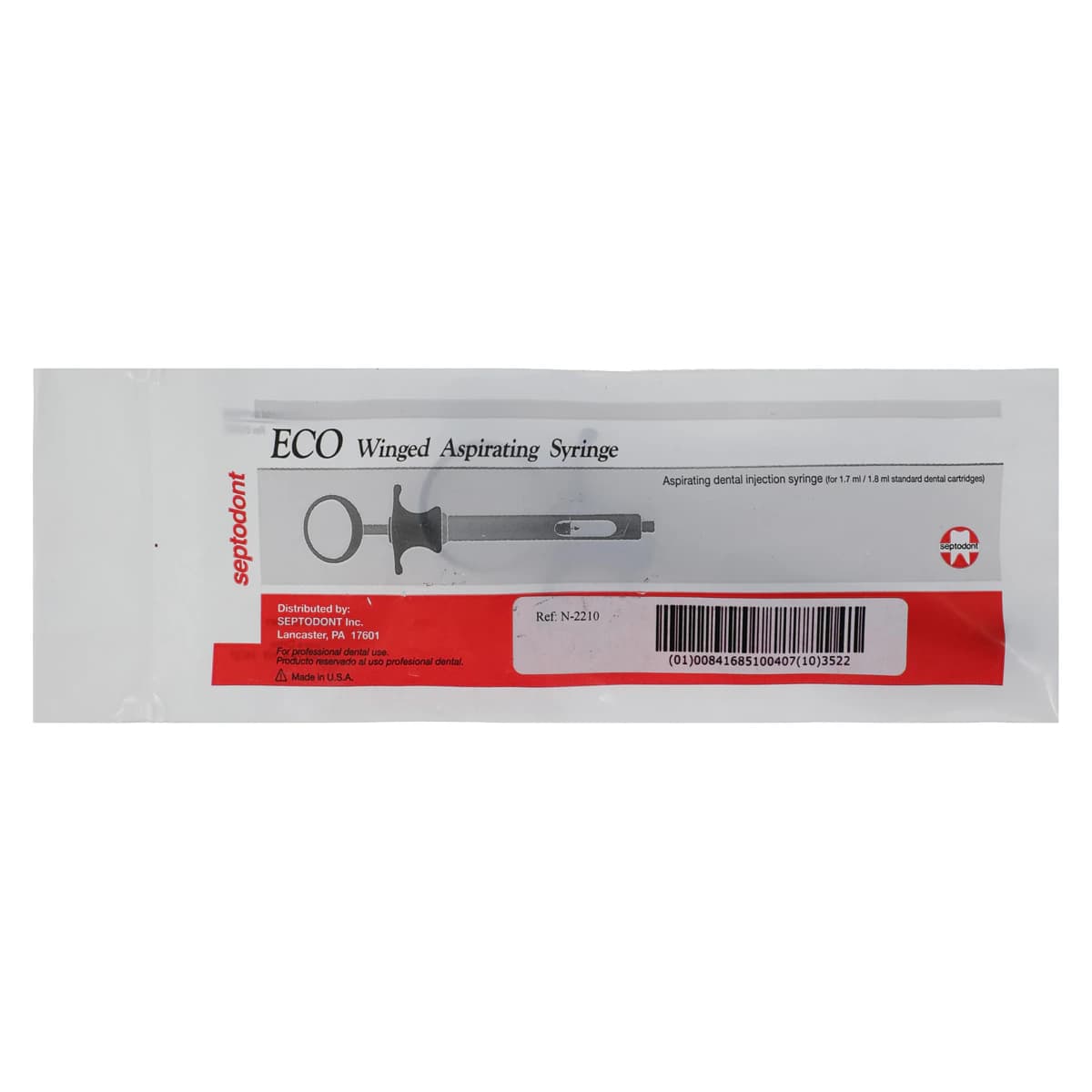 Septodont ECO Self-Aspirating Anesthetic Syringe, Winged, 1.7/1.8 mL Cartridge, 1/Pk, 01-N2210 thumbnail 3