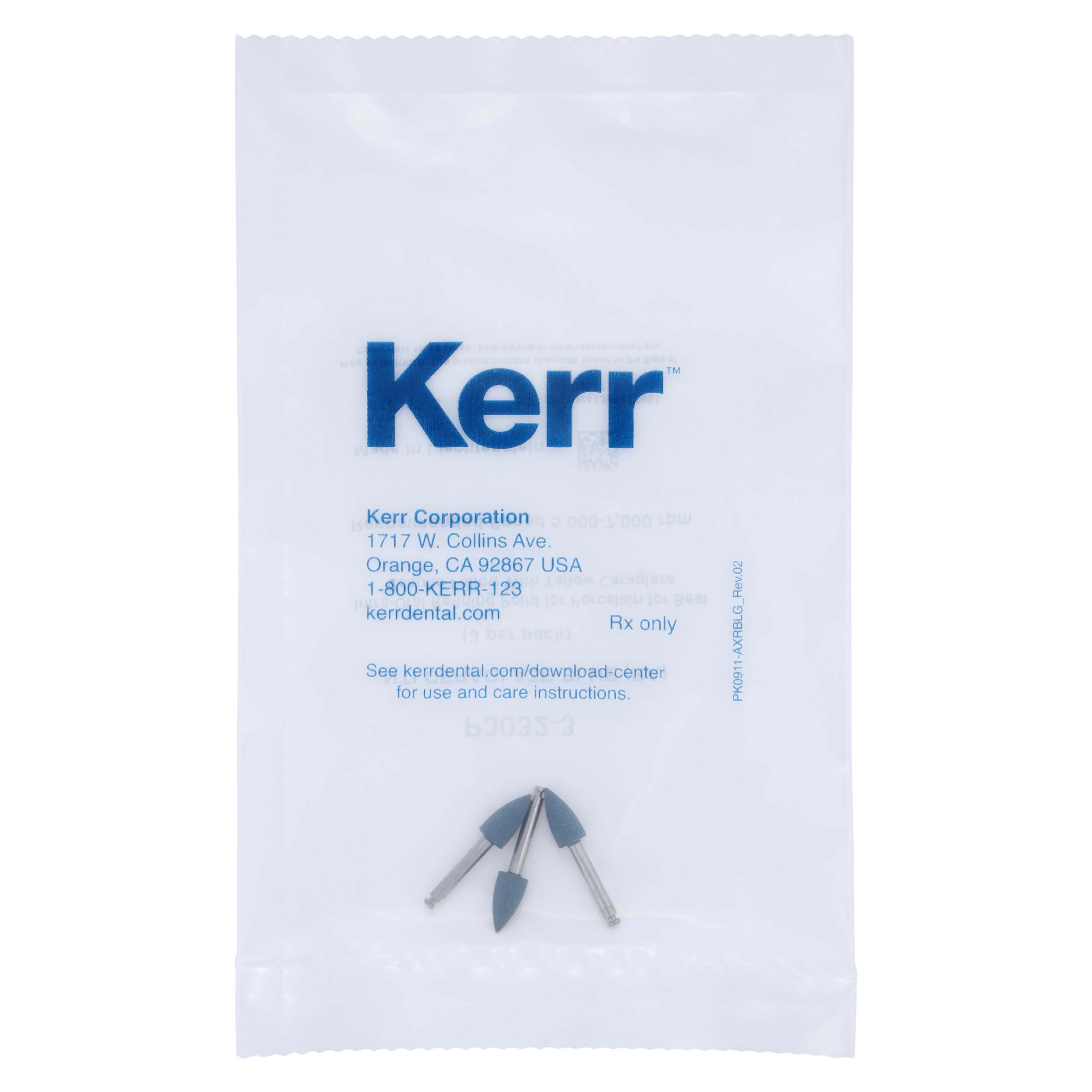 Kerr NTI CeraGlaze Polishing System, Blue Refining, Fine Grit, Flame Shape, RA/Latch Shank, 3/Pk, P3032-3 - CeraGlaze&reg; Polishing System - Fine RA - Flame #50 - Image 1