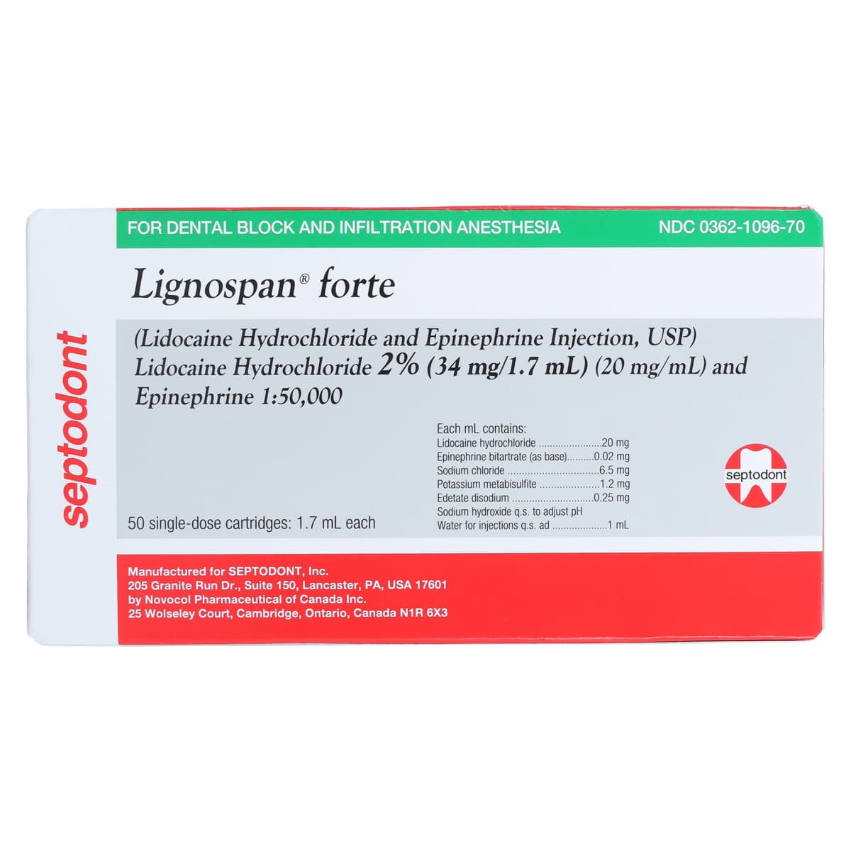 Lignospan Forte Lidocaine HCl 2% with Epinephrine 1:50,000 Injection, USP, 1.7 mL Glass Cartridges, 50/Box, 01-A1050 thumbnail 6