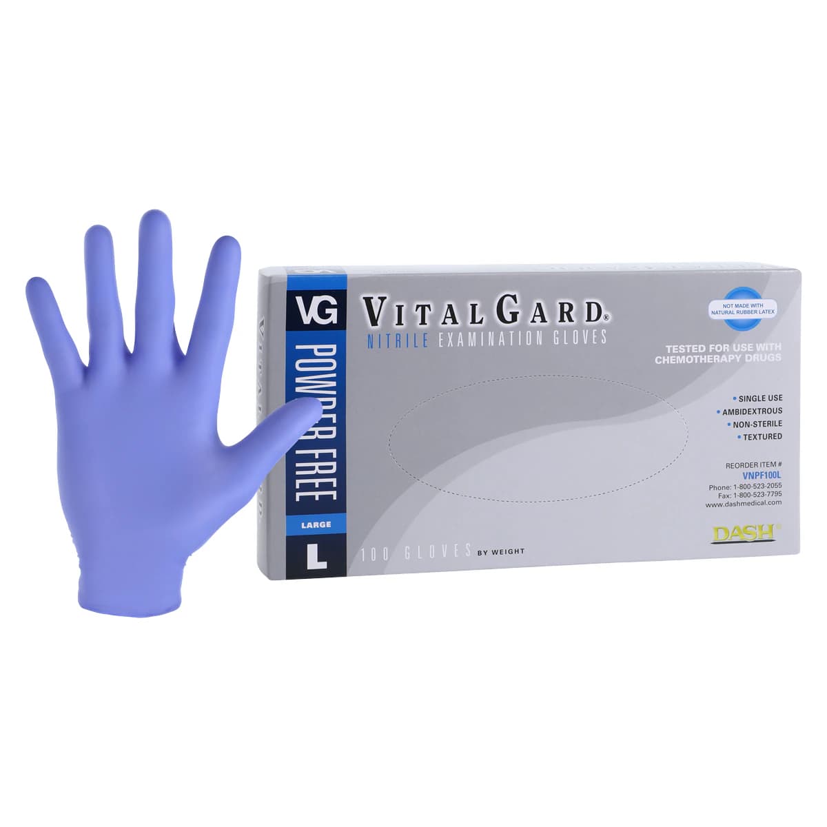 VitalGard Nitrile Exam Gloves, Powder-Free, Latex-Free, Textured, Non-Sterile, Large, Blue, 100/Box, VNPF100L thumbnail 2