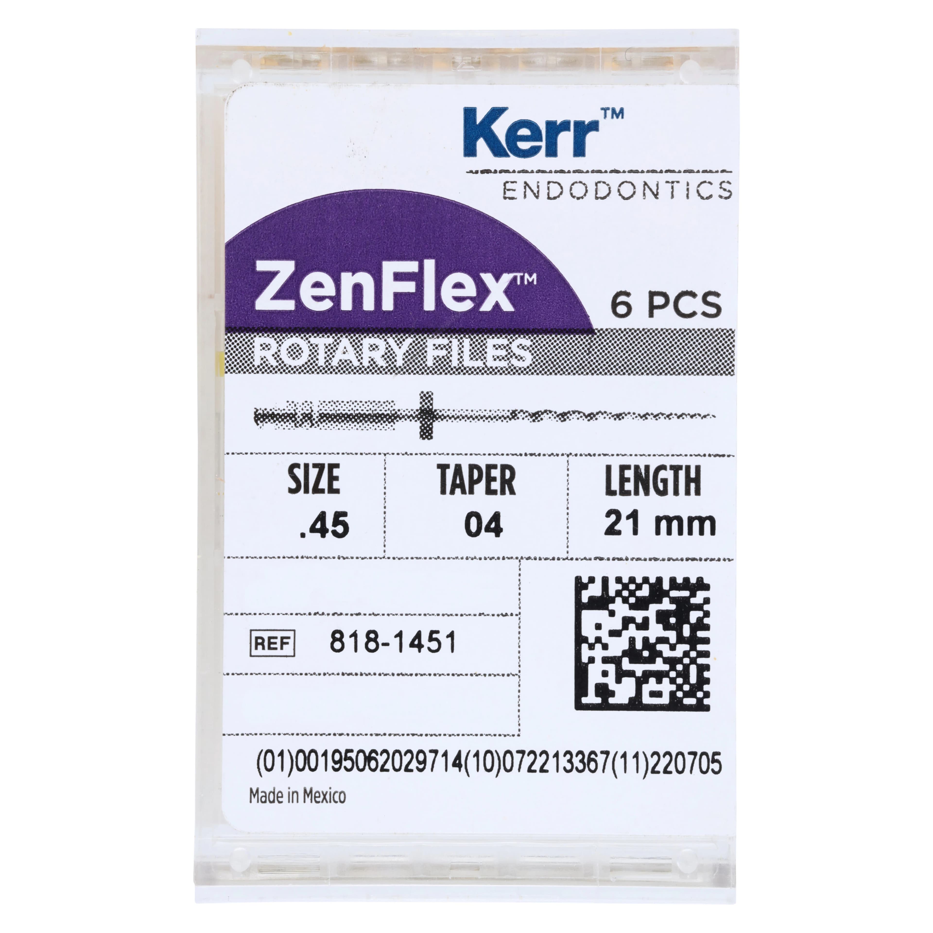 ZenFlex NiTi Rotary Shaping File, .45/.04/21mm, Non-Sterile, 6/Pk, 818-1451 - ZenFlex™ .45/.04/21mm Pack of 6 - Image 1