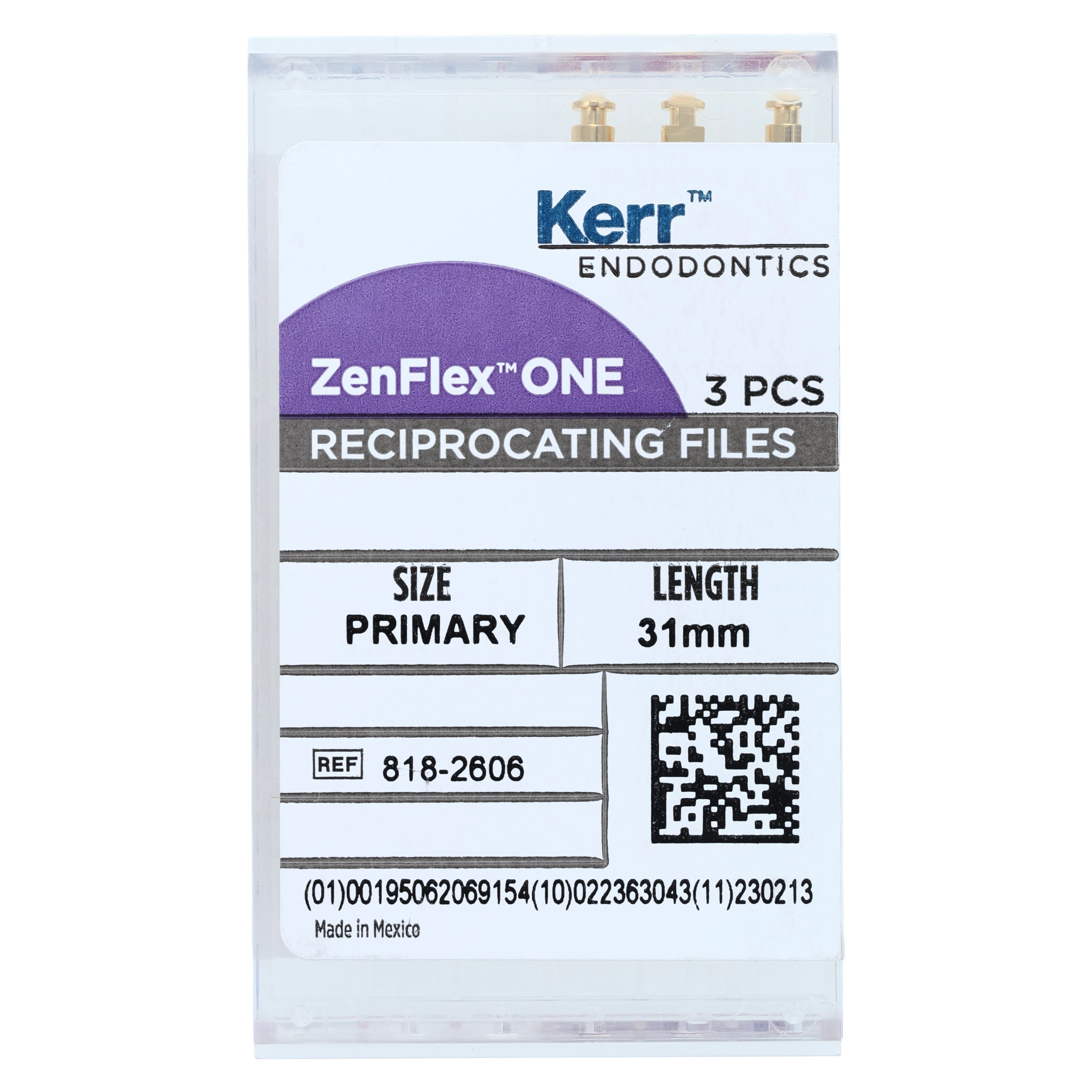Kerr ZenFlex ONE Reciprocating NiTi File, Primary, Red, .25/.06, 31mm, 3/Pk, 818-2606 - ZenFlex ONE Reciprocating NiTi File 31mm 3/Pk Primary - Image 1