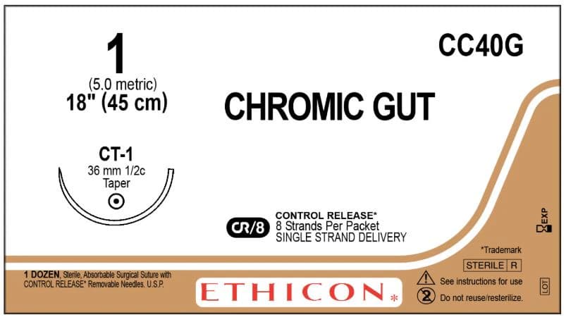 Ethicon Chromic Surgical Gut Suture, Size 0, 8-18" CT-1 Taper Point 1/2 Circle Needle, 12/Box, CC40G - ETHICON SURGICAL GUT SUTURE - CHROMIC CC40G - Image 1