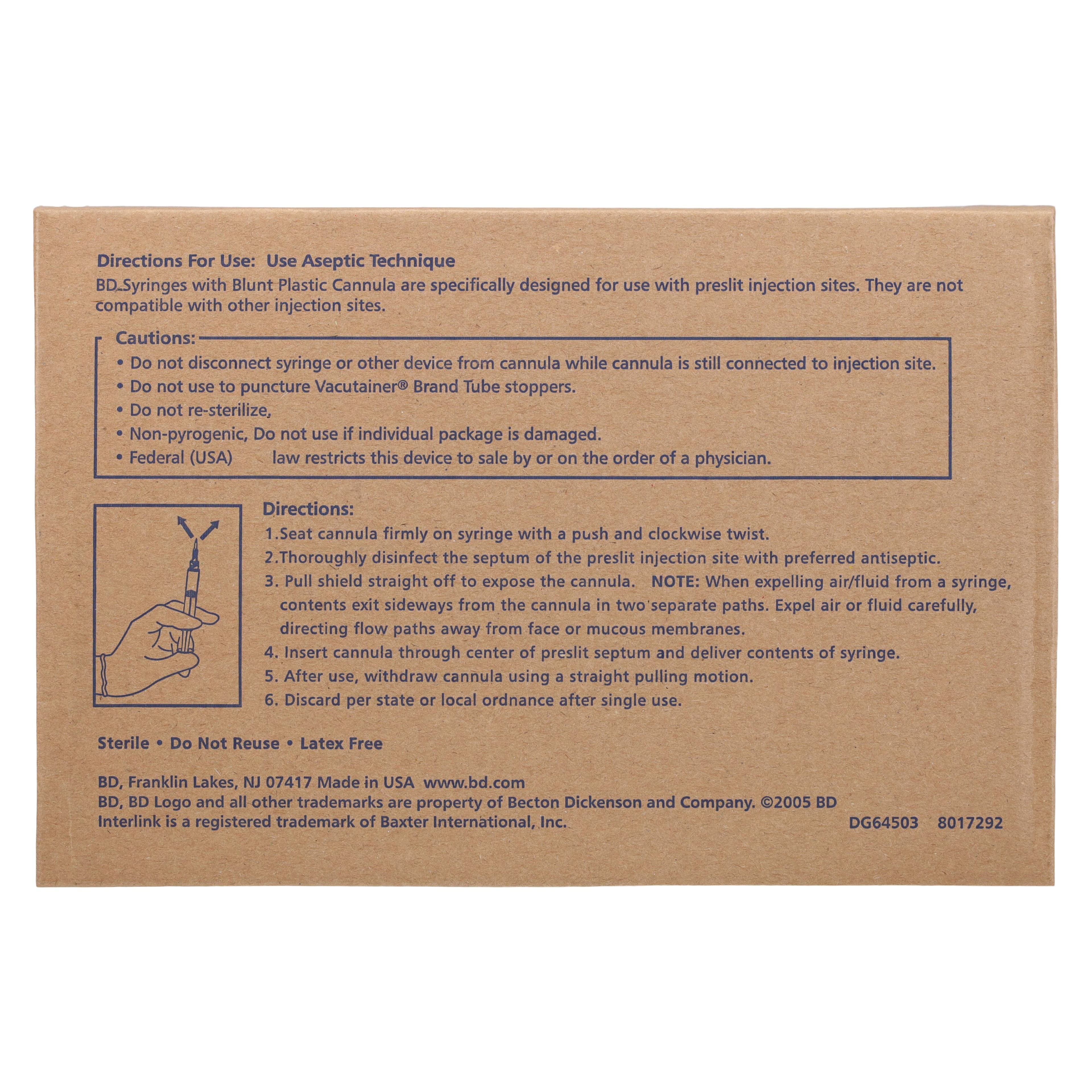 Becton-Dickinson Interlink Syringe Cannula, 17 Gauge, Blunt Tip, 10cc, Sterile, Latex-Free, 100/Box thumbnail 5