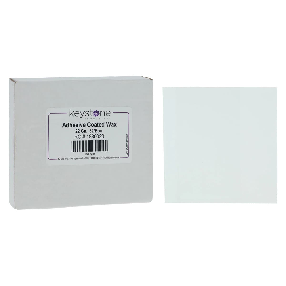 Keystone Adhesive Coated Pressure Sensitive Casting Wax, #22 Gauge, 4" x 4" Sheets, Box of 32 - Keystone #22 gauge, 4" x 4" sheet of casting wax with pressure-sensitive - Image 1
