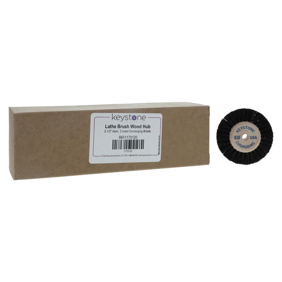 Keystone Industries Lathe Brush #B20, Wood Hub, Converging Bristle, 2-1/2" Diameter, 2 Rows, 12/Pack, 1170120 - Lathe Brushes, Wood Hub - Image 1