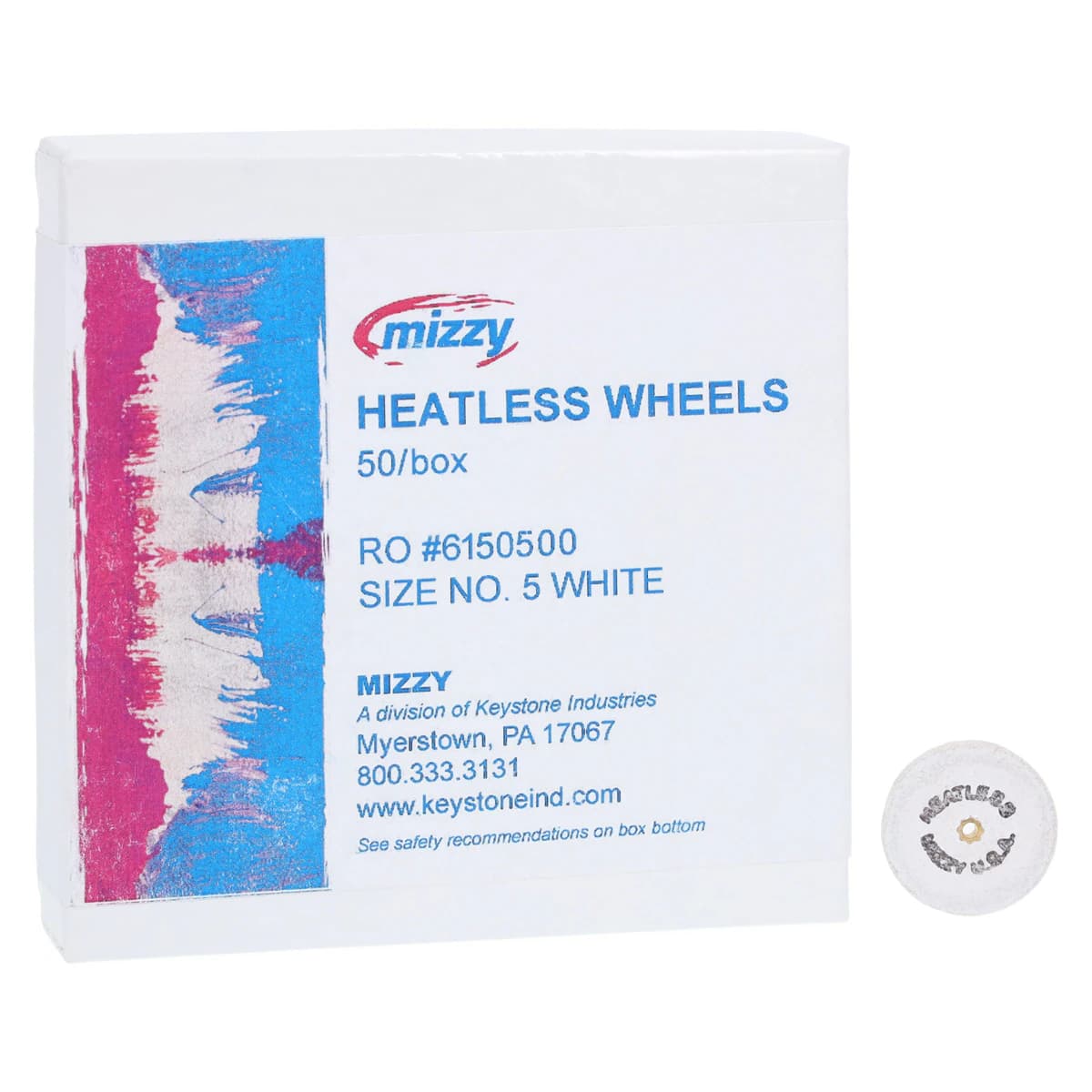Keystone Mizzy White Heatless Wheel, Size #5, 7/8" x 1/8" (22.2mm x 3.1mm), 50/Box, 1900245 - #5 White Mizzy Heatless Wheels Pack of 50 - Image 1