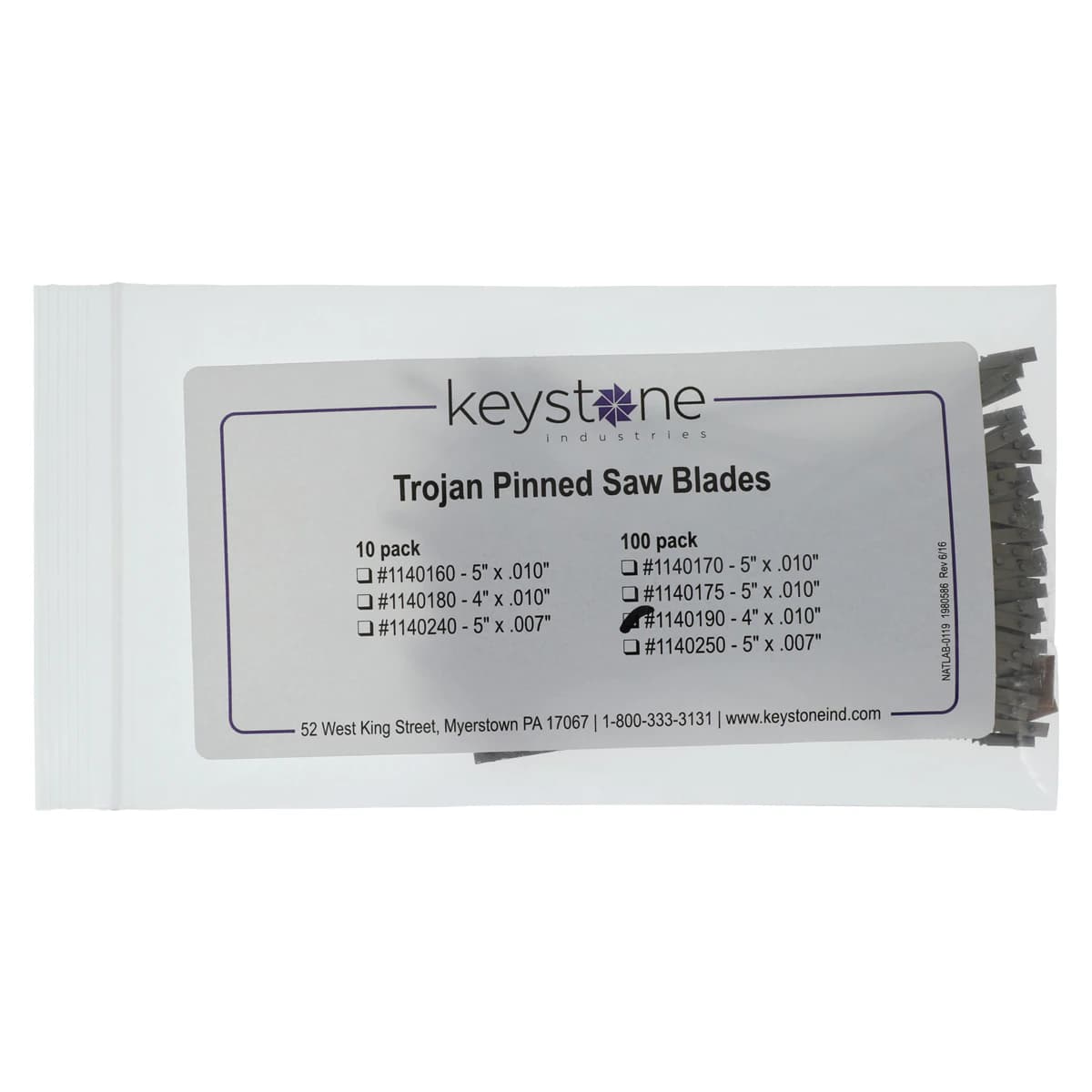 Keystone Pinned Saw Blades, 4" Length x 0.065" Wide x 0.010" Thick, Blue, 18 TPI, 100/Pk - Keystone Pinned Saw Blades - 4" Length x 0.065" Wide x 0.010" Thick, Blue - Image 1