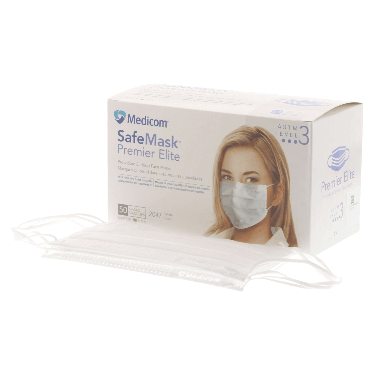 SafeMask Premier Elite Procedure Face Mask, ASTM Level 3, Earloop, White, 50/Box, 2047 thumbnail 2