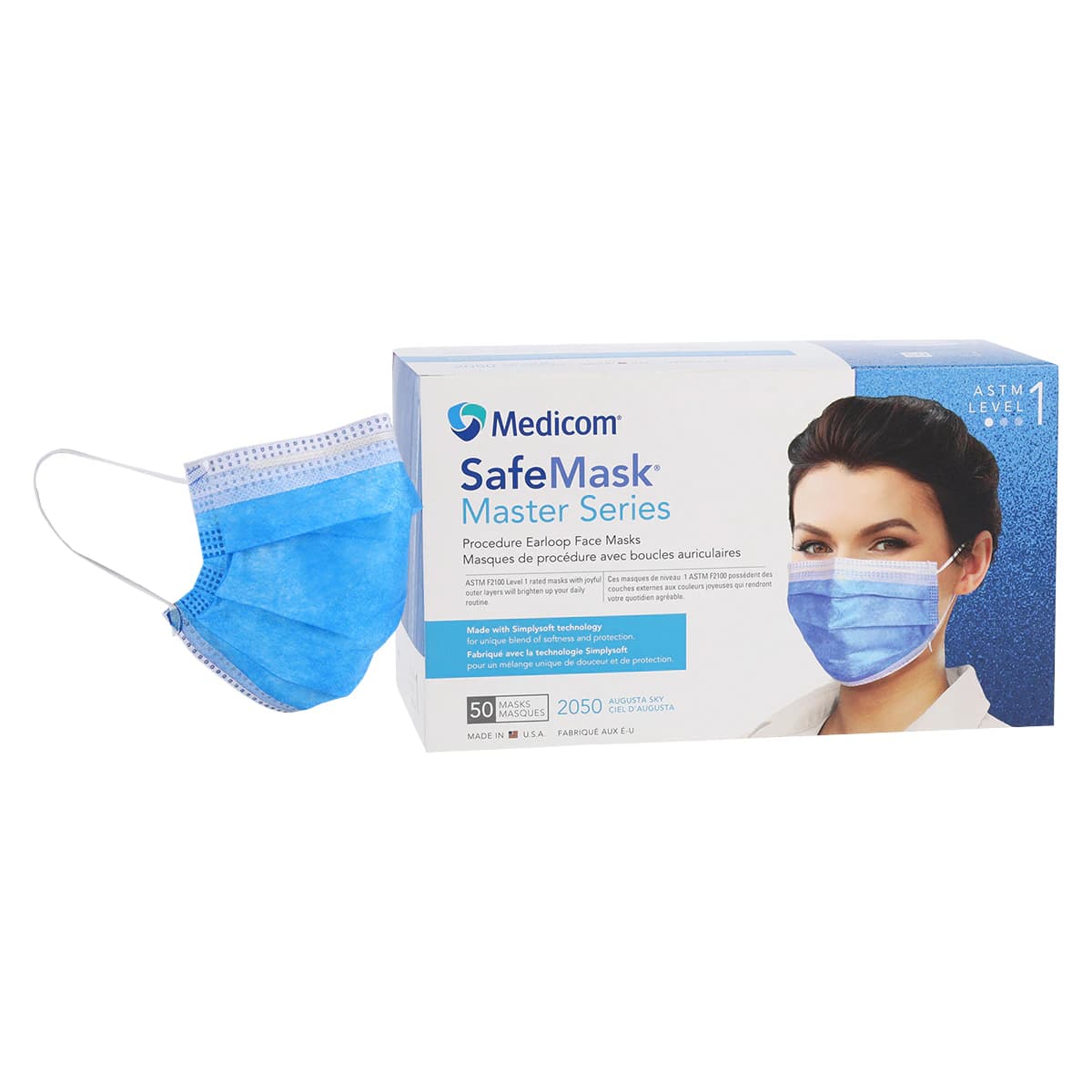 Medicom Safe+Mask Master Series Procedure Earloop Mask, ASTM Level 1, Augusta Sky (Royal Blue), 50/Box, 2050 thumbnail 2