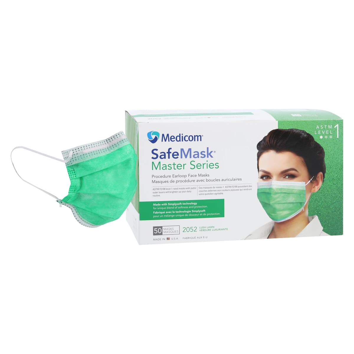 Medicom SafeMask Master Series Procedure Earloop Mask, ASTM Level 1, Lush Lawn (Vibrant Green), 50/Box, 2052 thumbnail 2