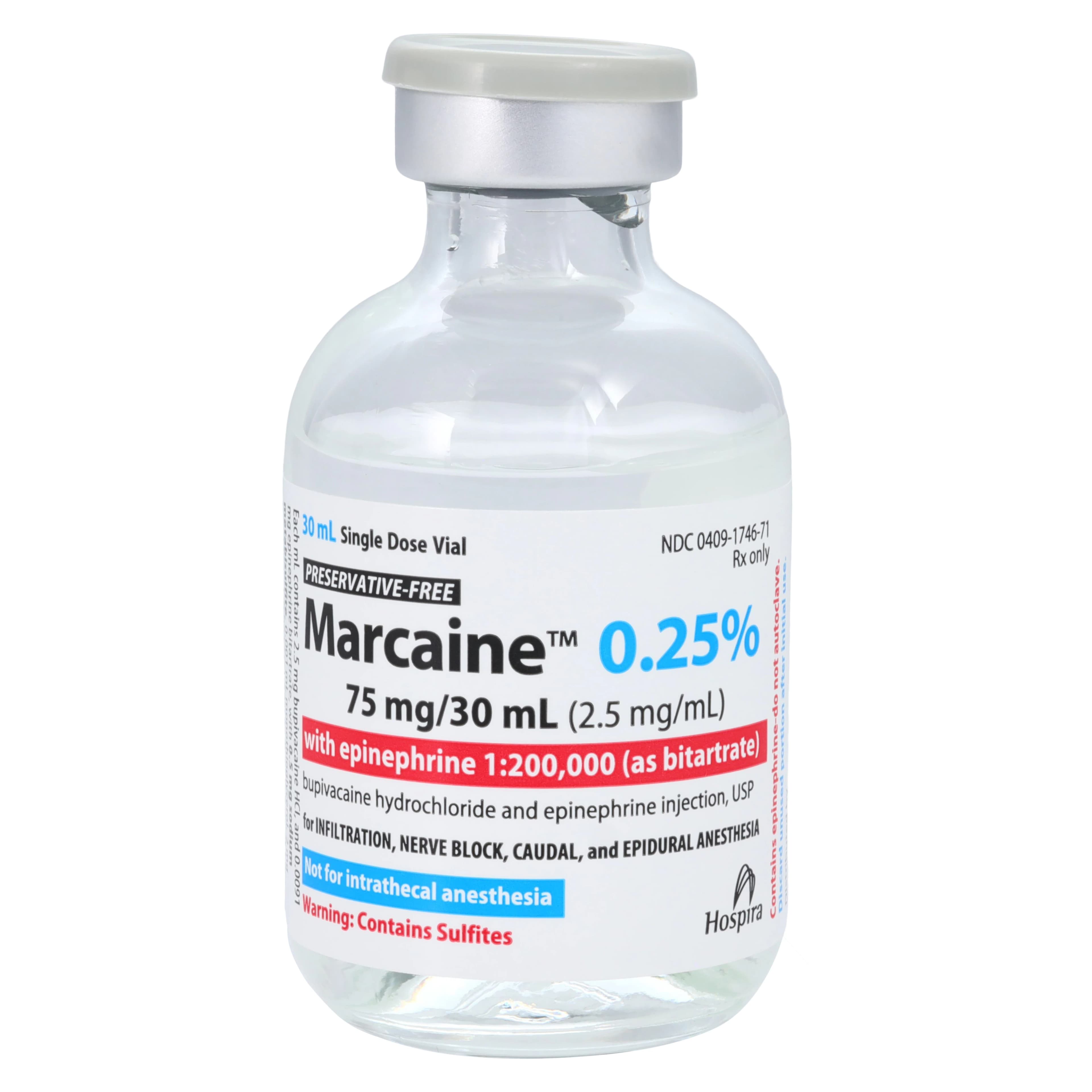 Marcaine (Bupivacaine HCl) with Epinephrine Injection, 0.25% with 1:200,000 Epinephrine, Preservative-Free, Single-Dose Vial, 30 mL thumbnail 2