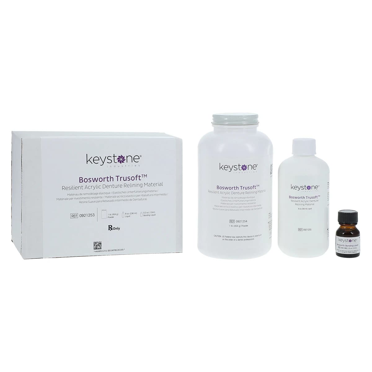 Trusoft Resilient Denture Acrylic Relining Material Bulk Kit, 1 lb Powder, 8 oz Liquid, 1/3 oz Bonding Liquid, 0921253 - Tru-Soft Powder & Liquid Bulk - Image 1