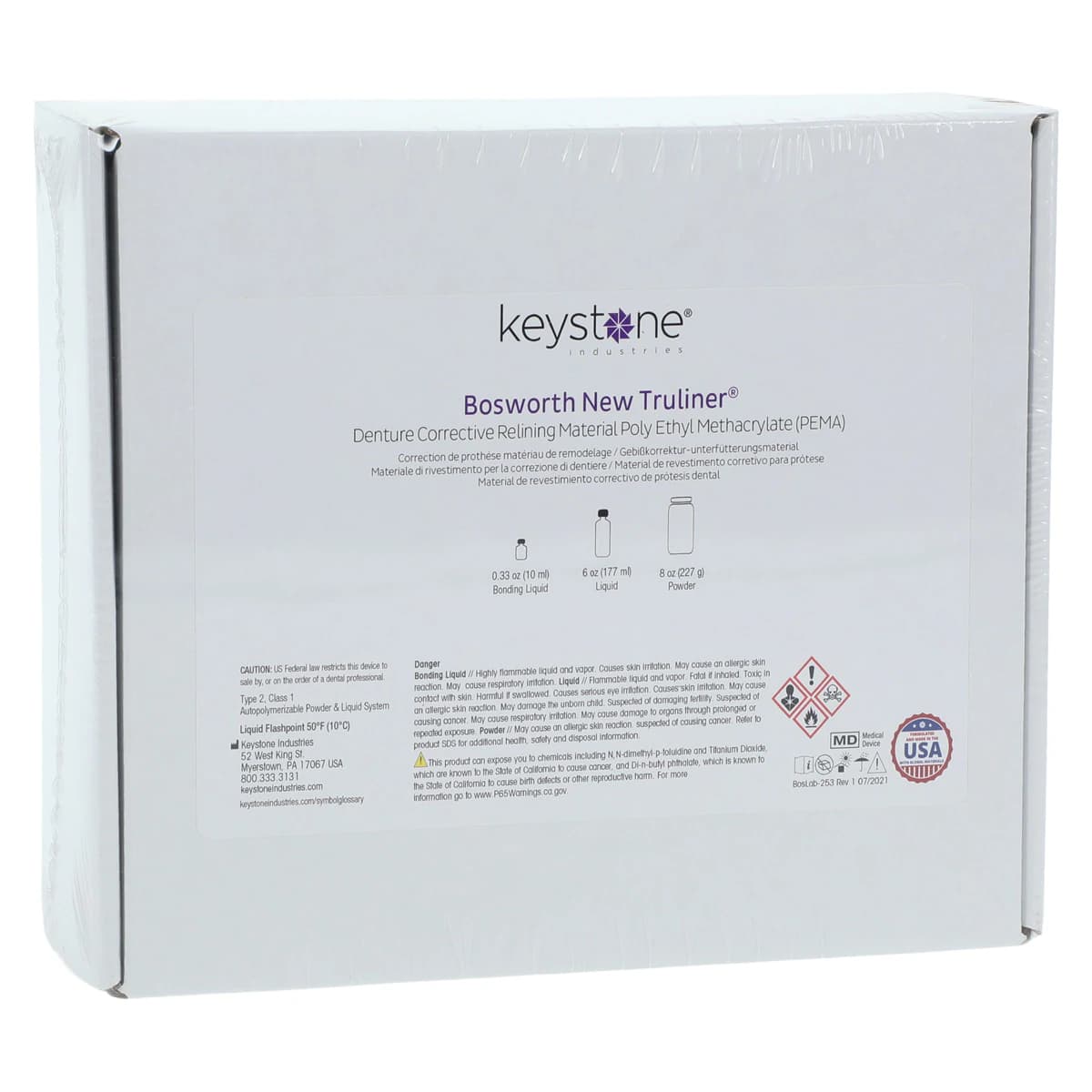 New Truliner PEMA Denture Corrective Relining Material, Standard Kit, Veined, 8 oz Powder, 6 oz Liquid, 1/3 oz Bonding Liquid, #0921971 - New Truliner Veined Powder And Liquid Standard Pkg - Image 1