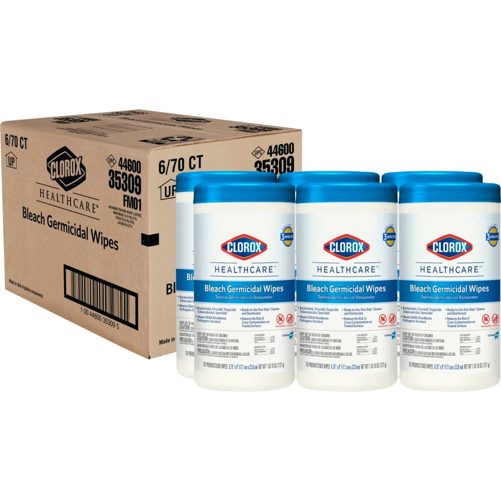 Clorox Healthcare Bleach Germicidal Wipes, 6.75" x 9", 70 Wipes per Canister, EPA 67619-12 thumbnail 2