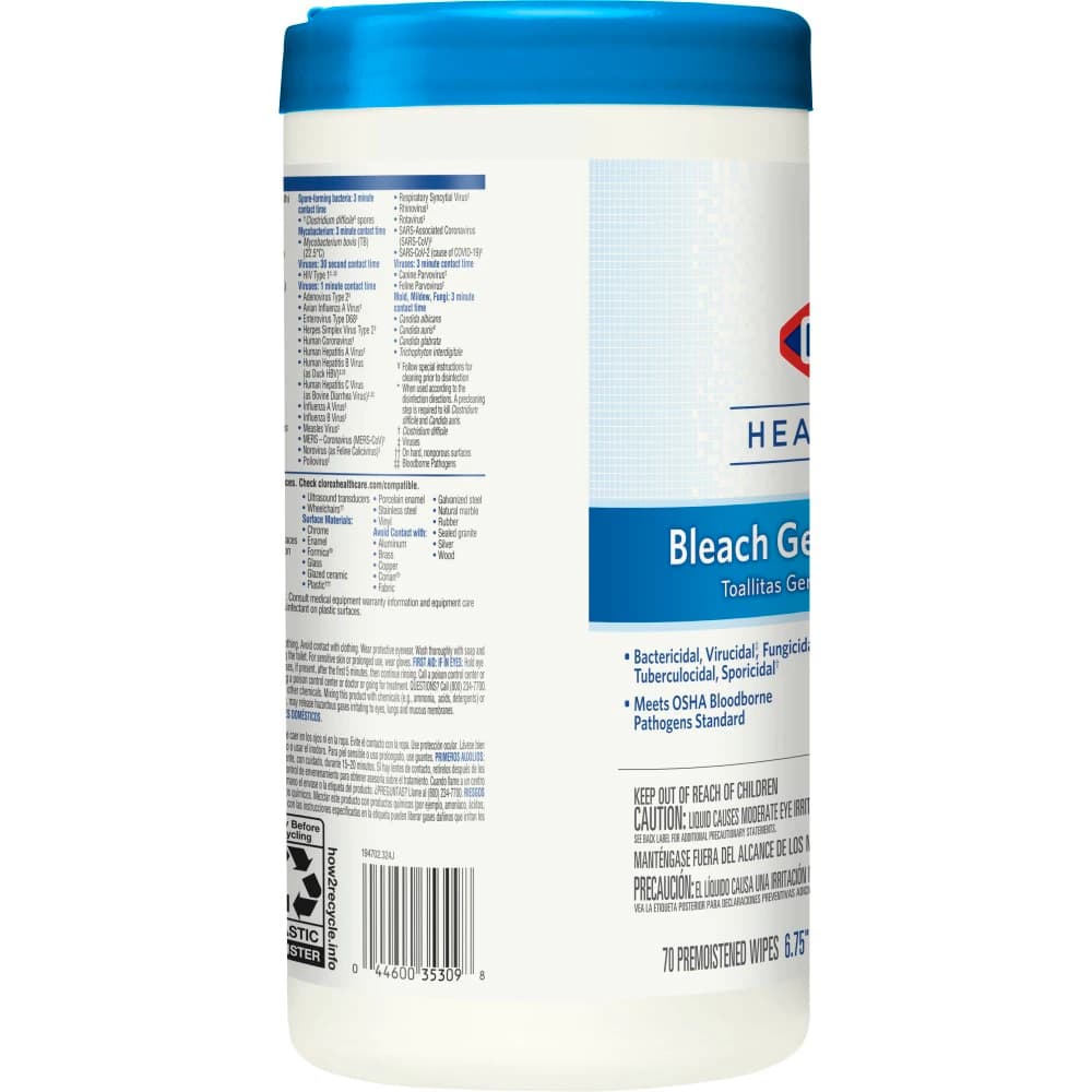 Clorox Healthcare Bleach Germicidal Wipes, 6.75" x 9", 70 Wipes per Canister, EPA 67619-12 thumbnail 3