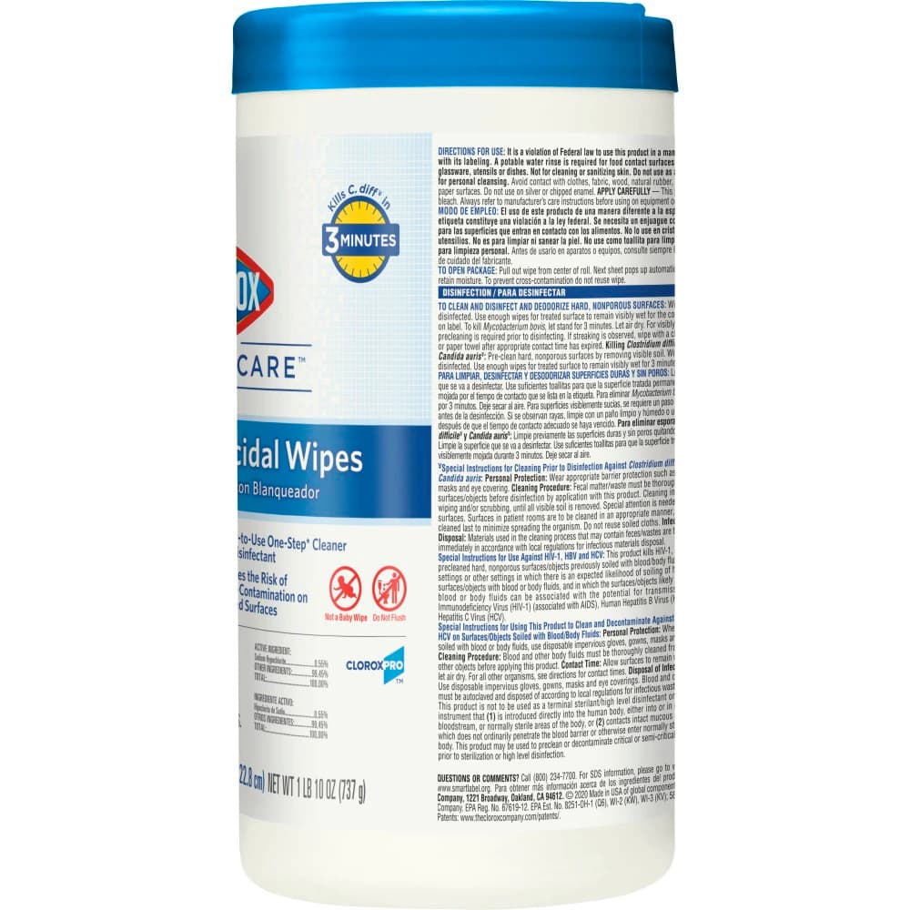 Clorox Healthcare Bleach Germicidal Wipes, 6.75" x 9", 70 Wipes per Canister, EPA 67619-12 thumbnail 4