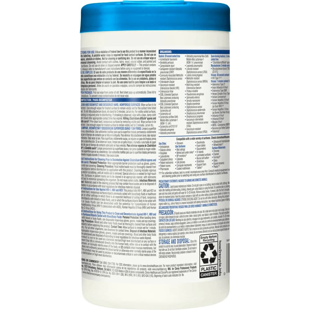 Clorox Healthcare Bleach Germicidal Wipes, 6.75" x 9", 70 Wipes per Canister, EPA 67619-12 thumbnail 5