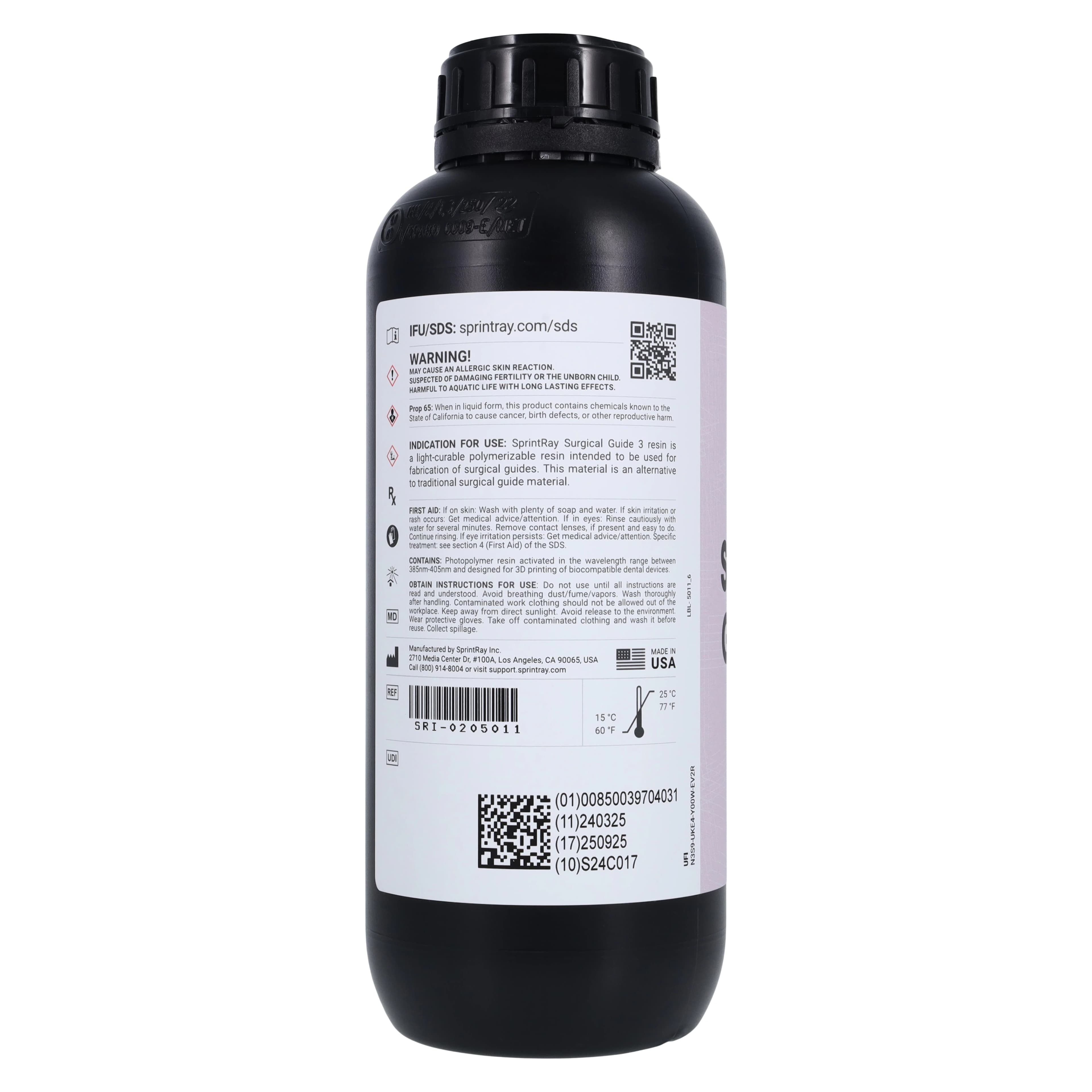 SprintRay Surgical Guide 3 Biocompatible 3D Printing Resin, Clear, 1 kg Bottle, 1/Pk thumbnail 2