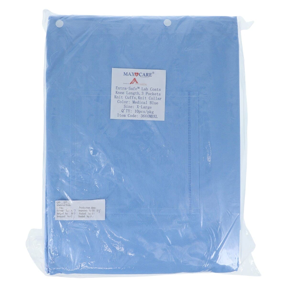 ValuMax Extra-Safe Lab Coat, Medical Blue, X-Large, Knee-Length, 3-Layer SMS, 10/Pack, 3660MBXL thumbnail 8